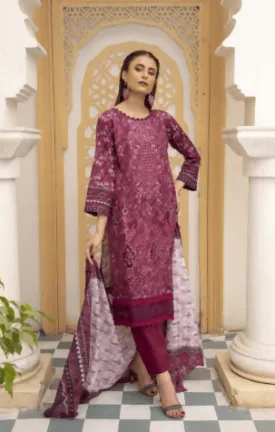 3 pc Printed Embroidered lawn shirt Voil Dupatta Dyed Trouser Maroon Colour