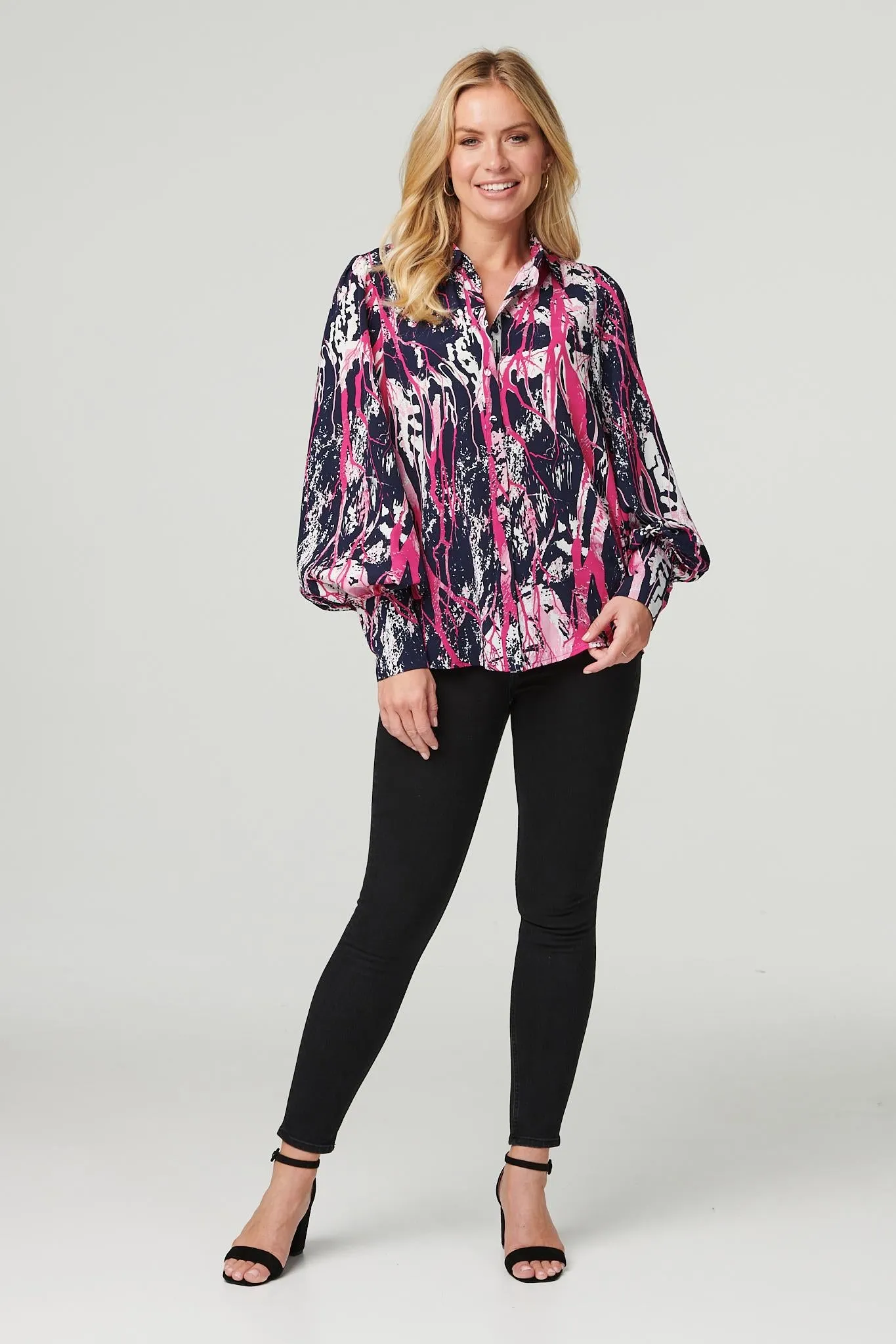 Abstract Print Puff Sleeve Blouse