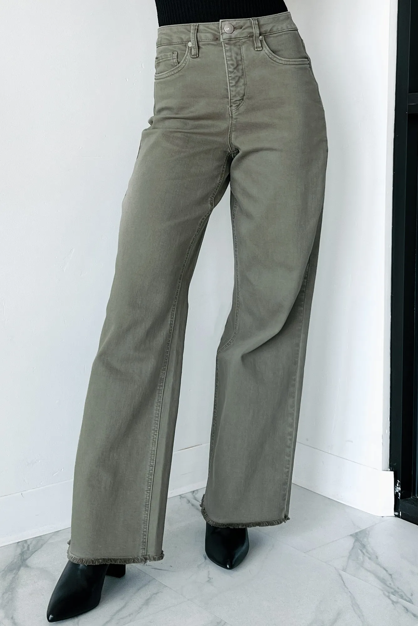 Afton Wide Leg Frayed Hem YMI Jeans (Olive)