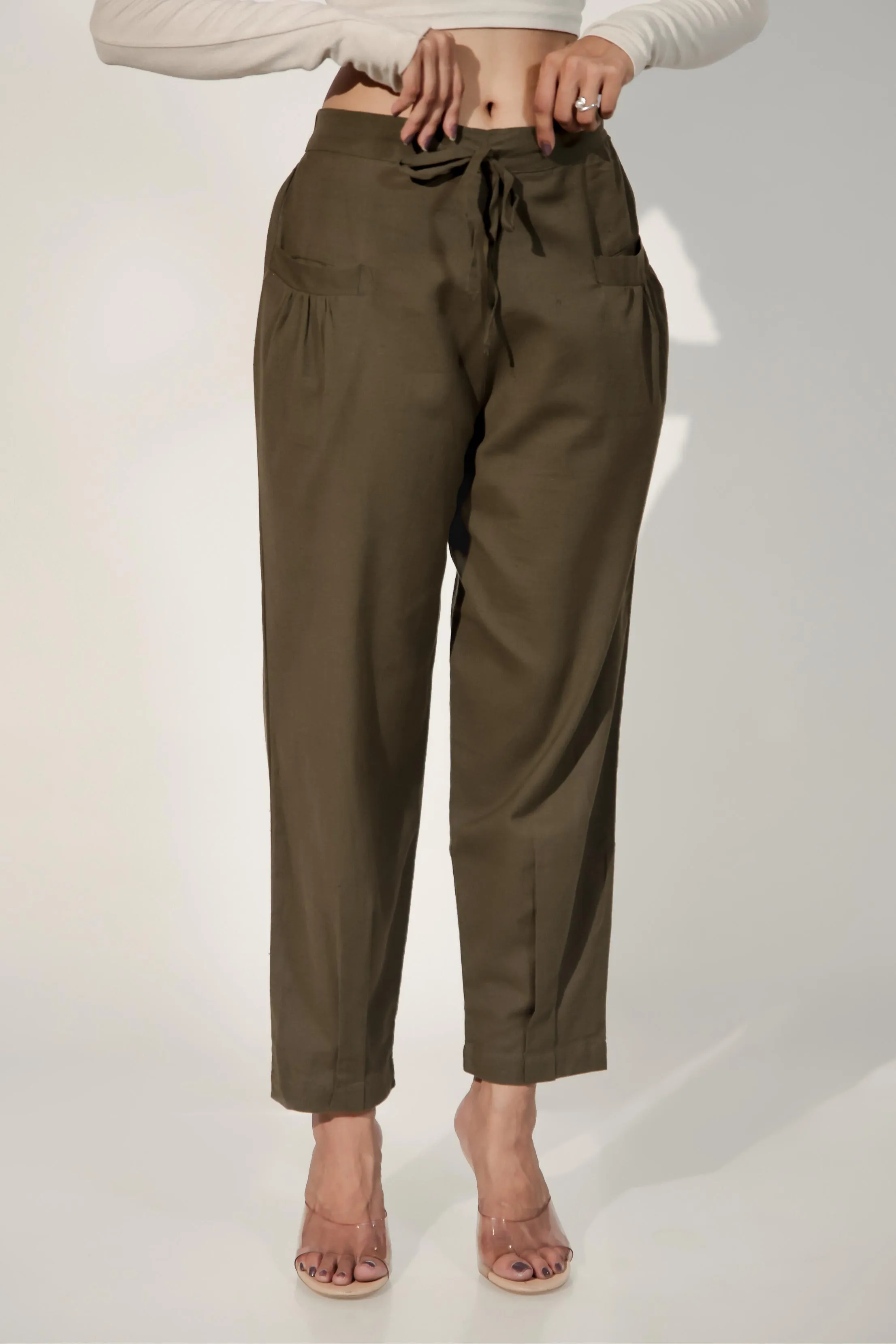 Army Green Women's Pleated-Narrow Trousers