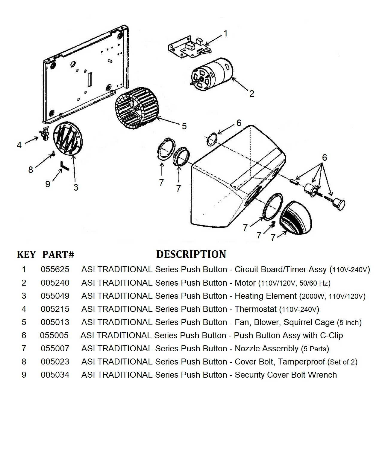 ASI TRADITIONAL Series Push-Button Model (110V/120V) THERMOSTAT (Part# 005215)