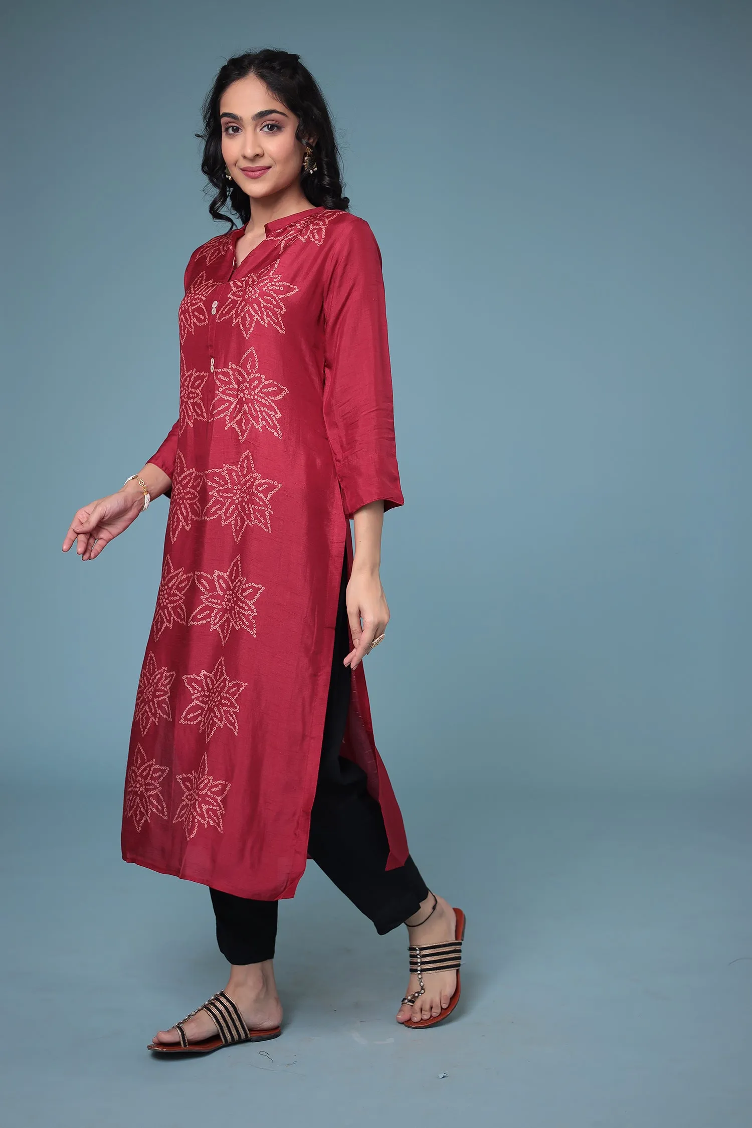 Bandhej Silk blend Straight Cut Kurta