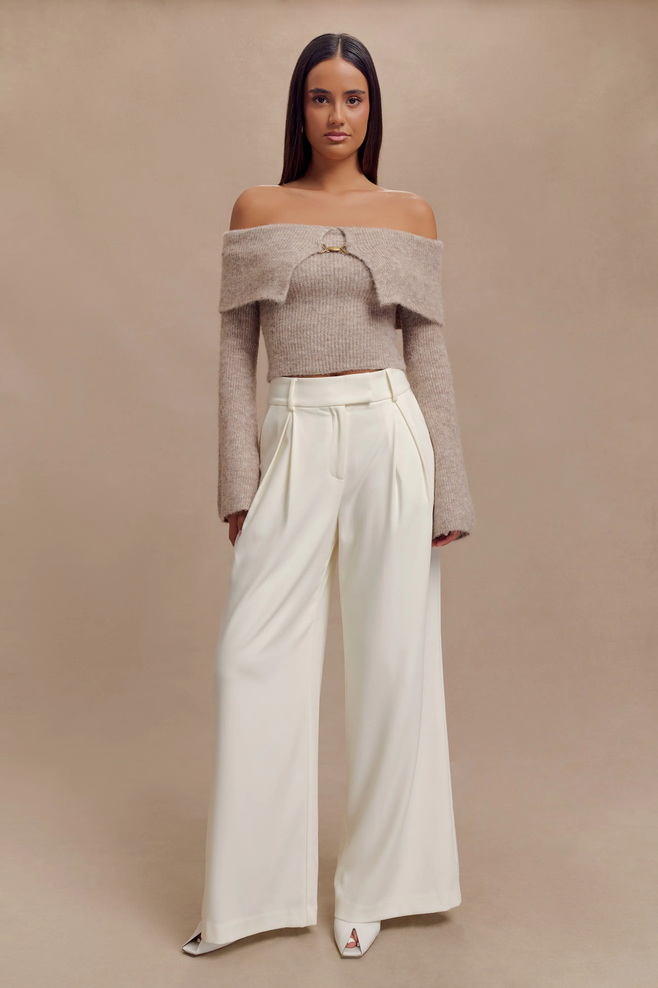 Baxter Off Shoulder Fluffy Knit Top - Taupe