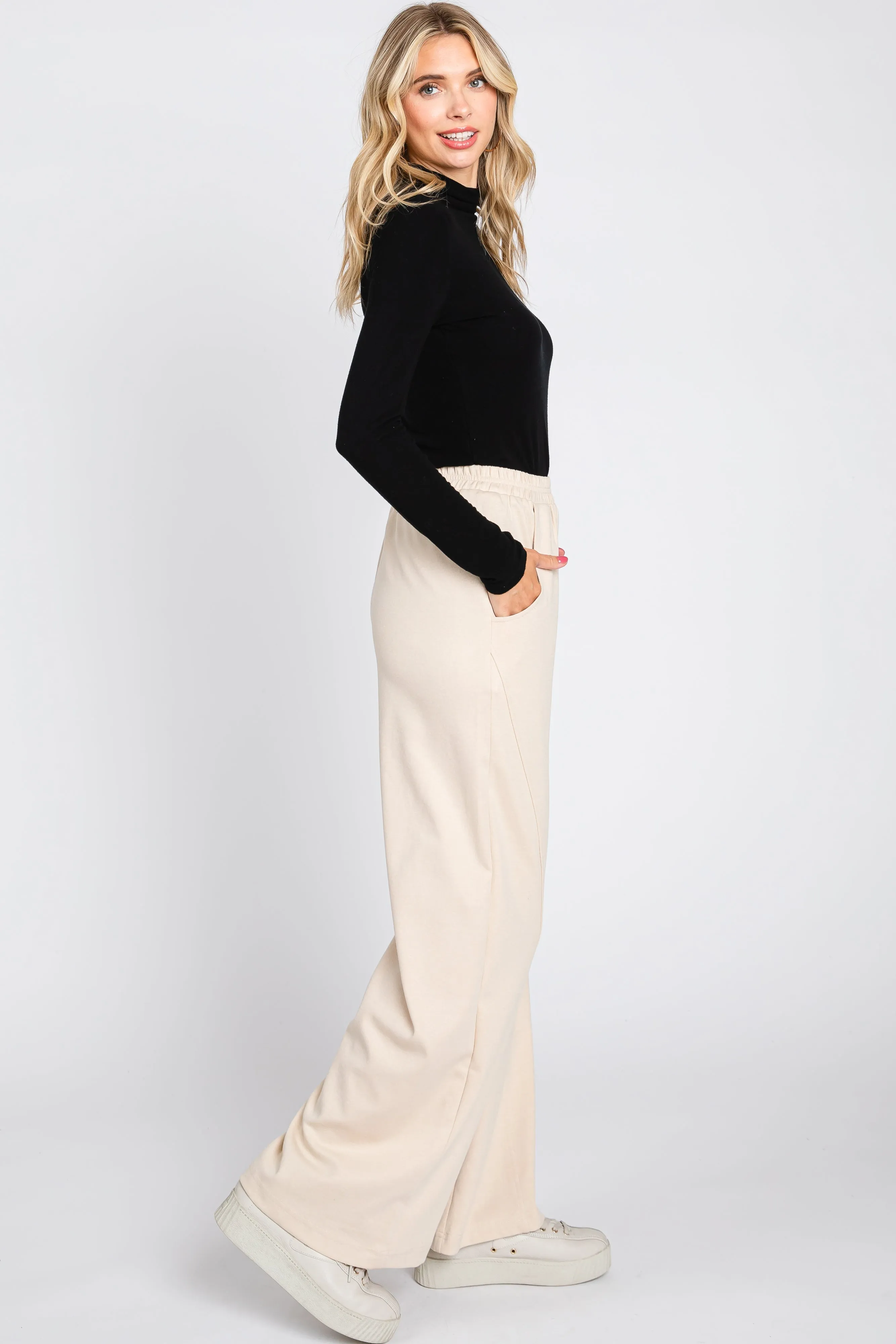 Beige Basic Wide Leg Lounge Pants