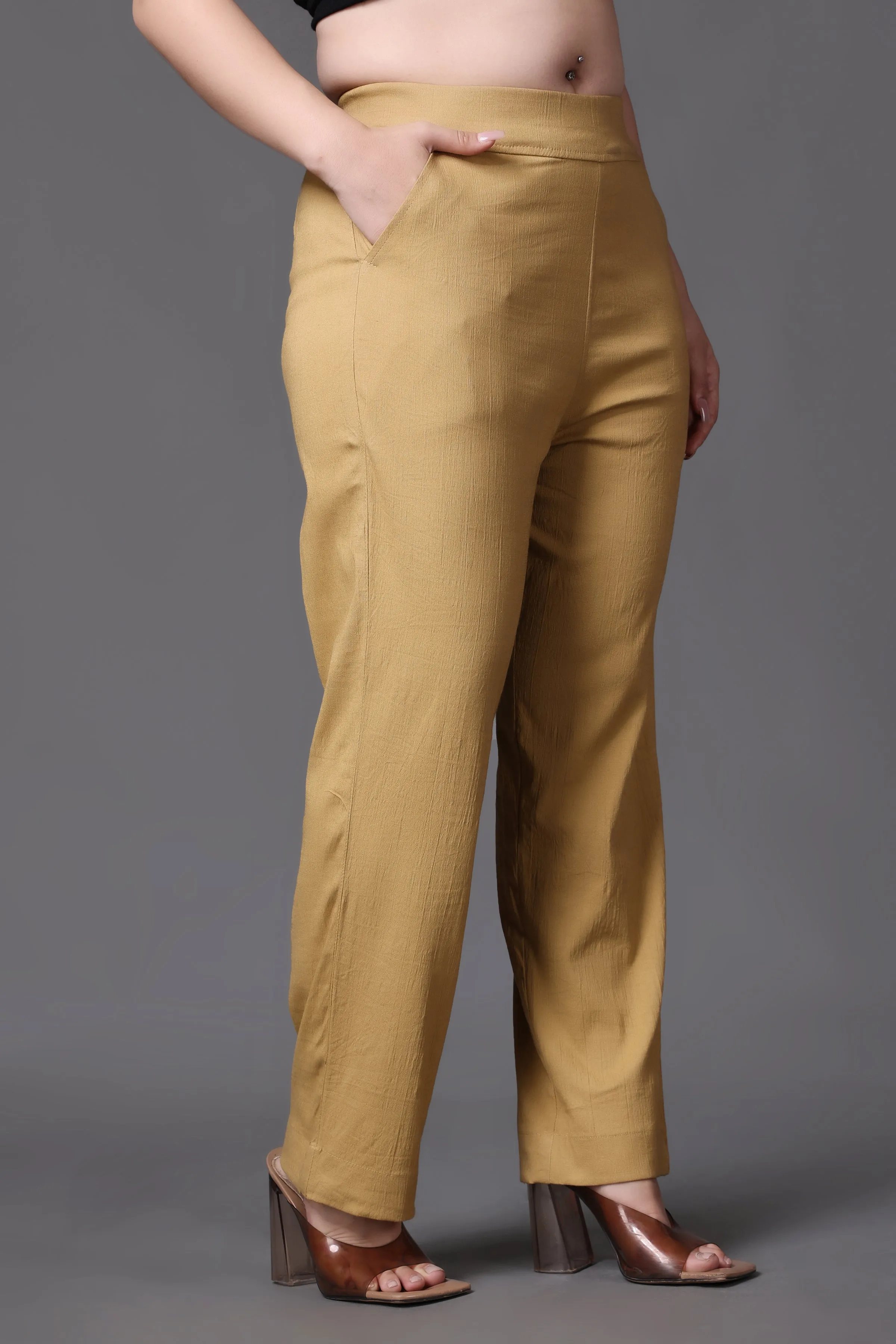 Beige Lycra Slub Pants