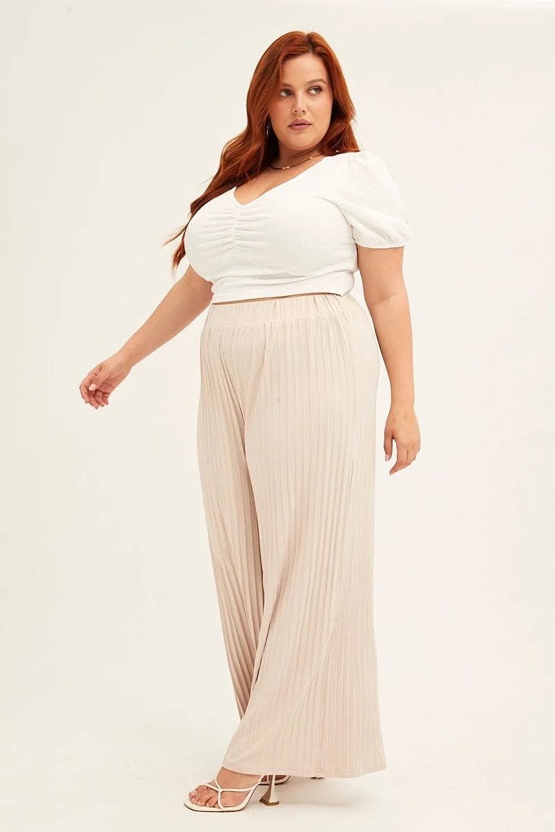 Beige Wide Leg Pants High Rise