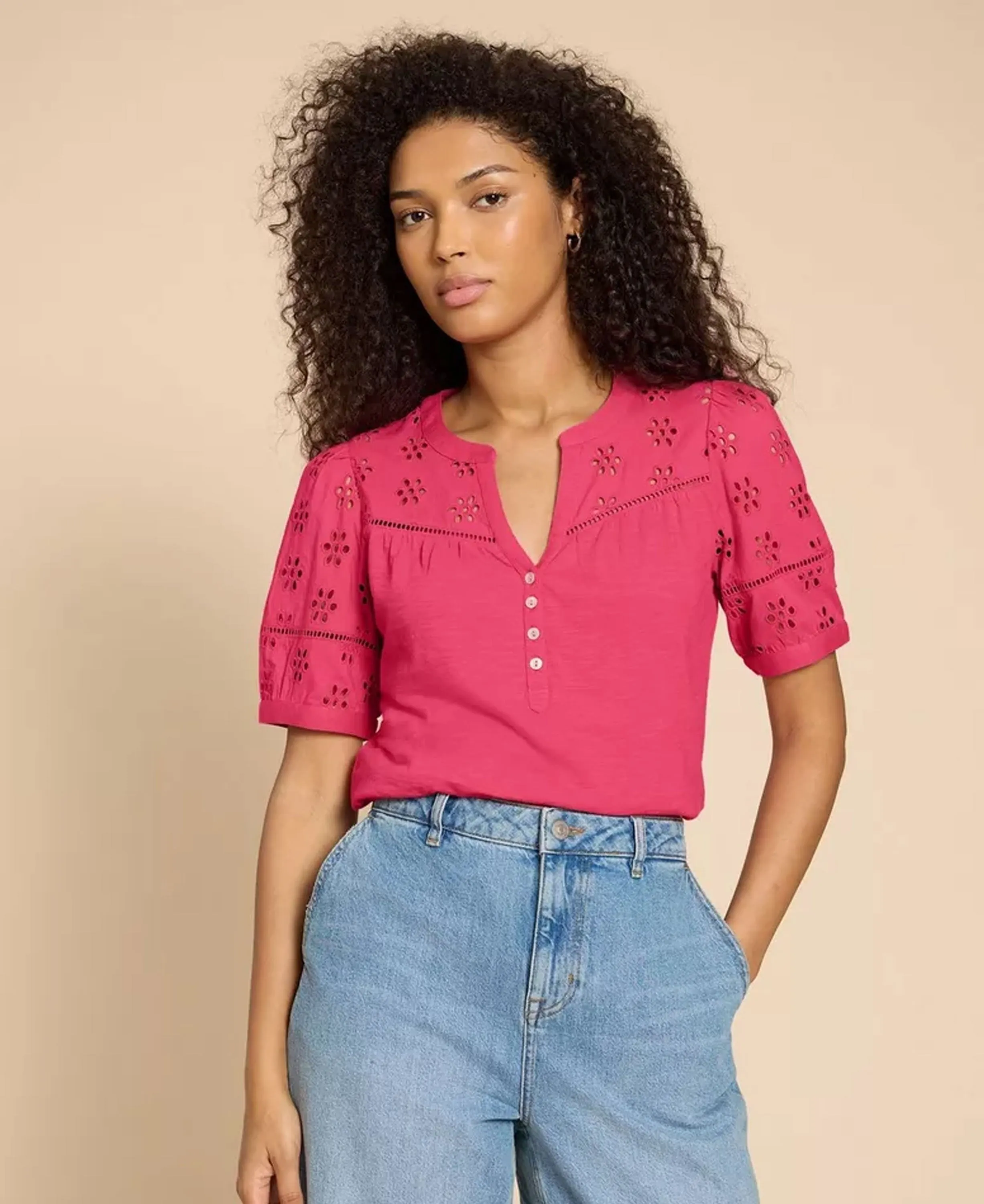 Bella Broderie Mix Top - Mid Pink