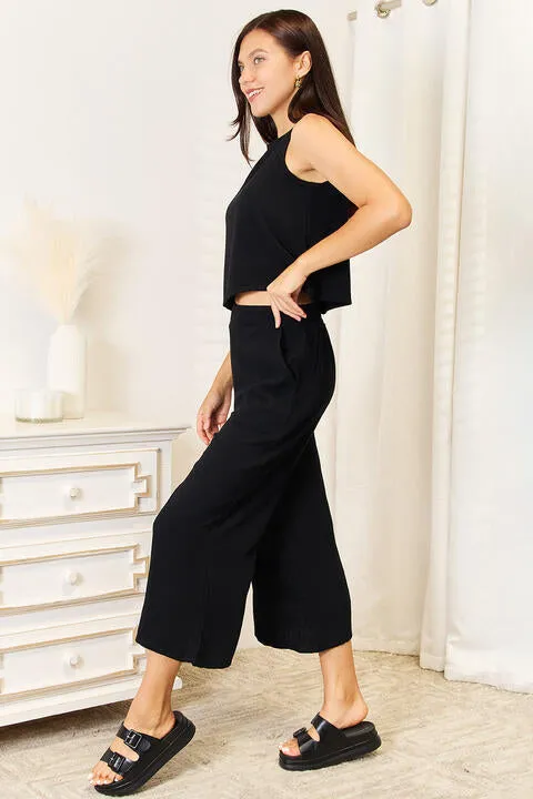 Black Buttoned Round Neck Tank and Wide Leg Pants Set