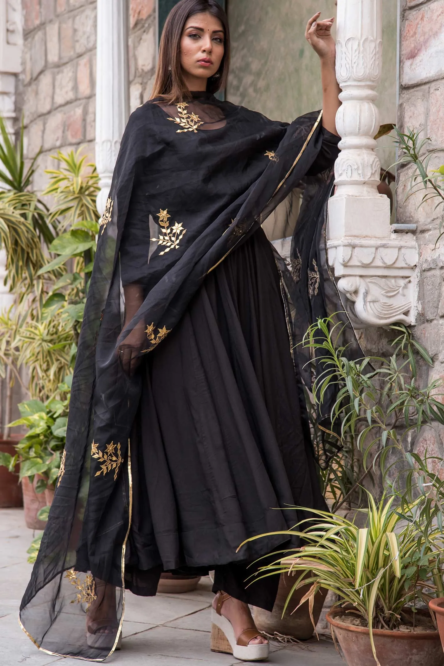 Black Cotton Mul Anarkali Set