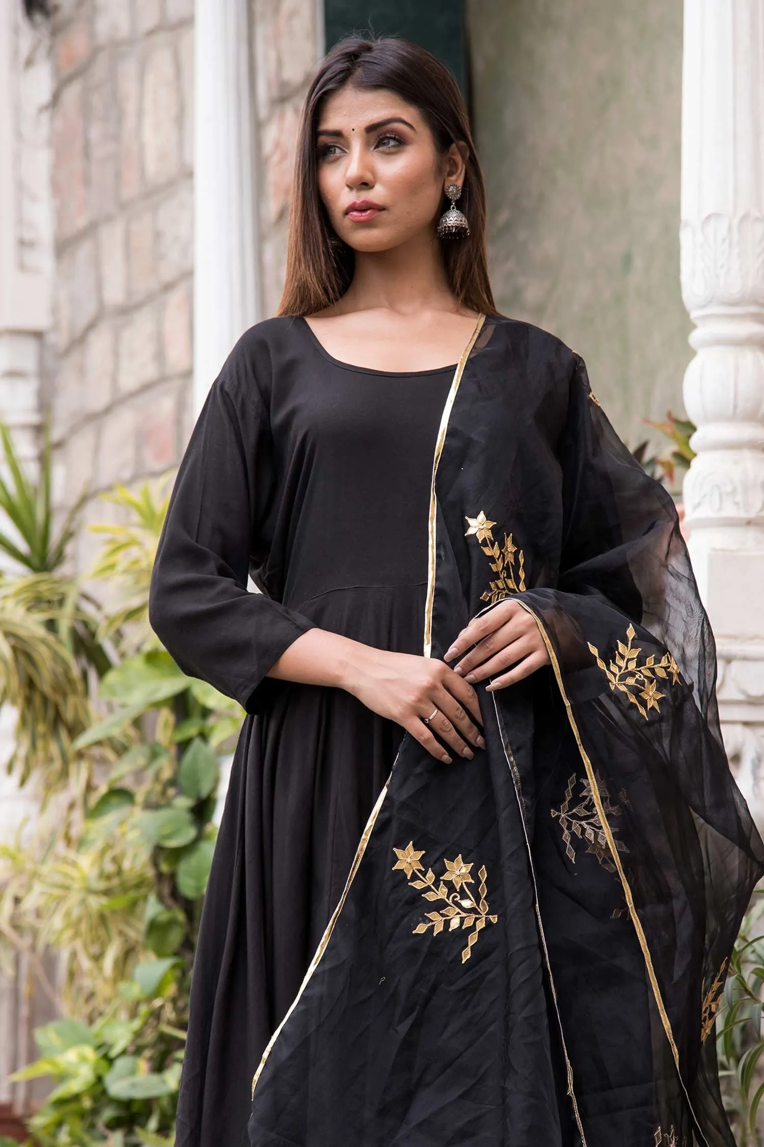 Black Cotton Mul Anarkali Set