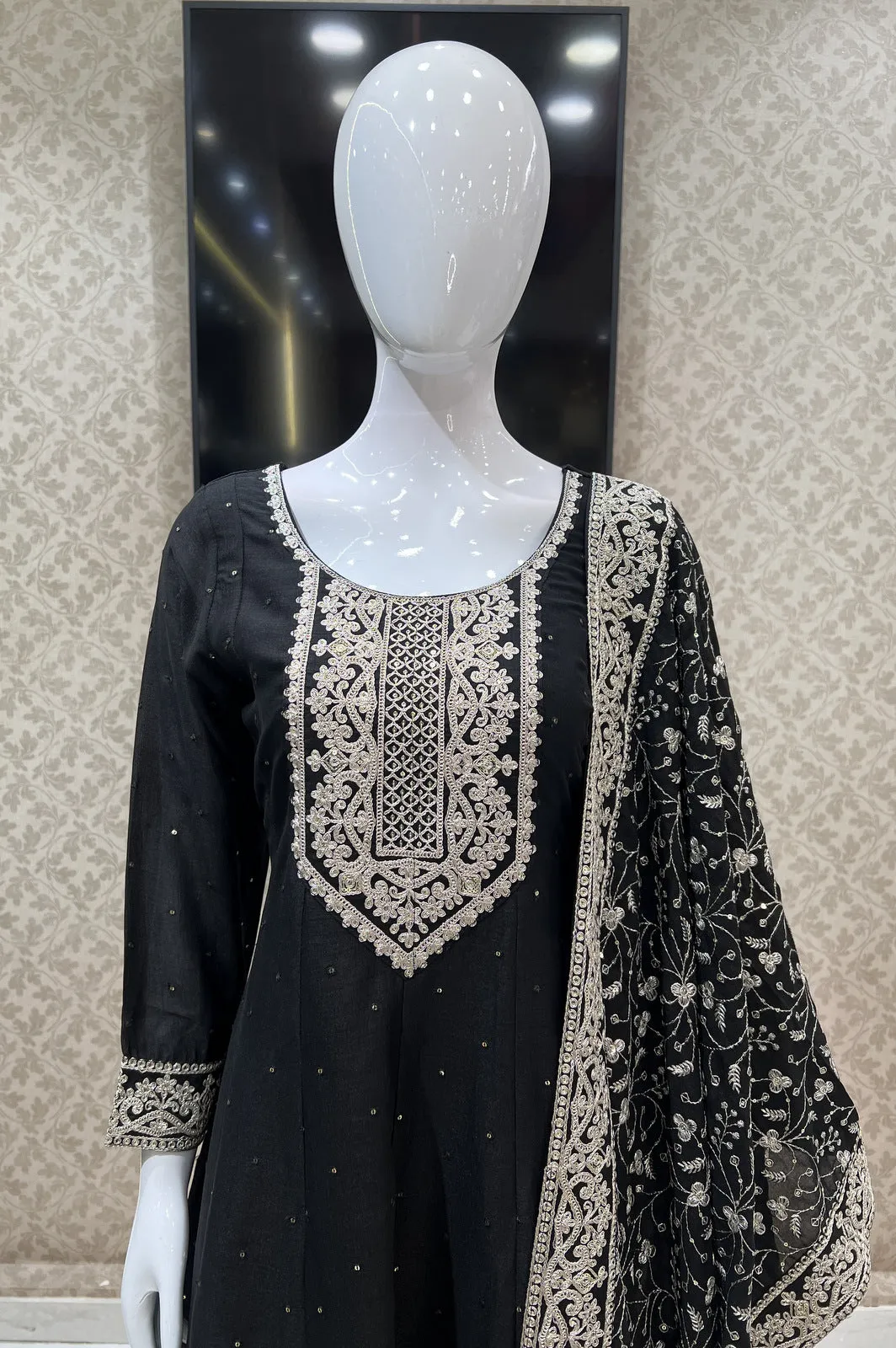 Black Sequins and Zari Thread work Anarkali Style Salwar Suit