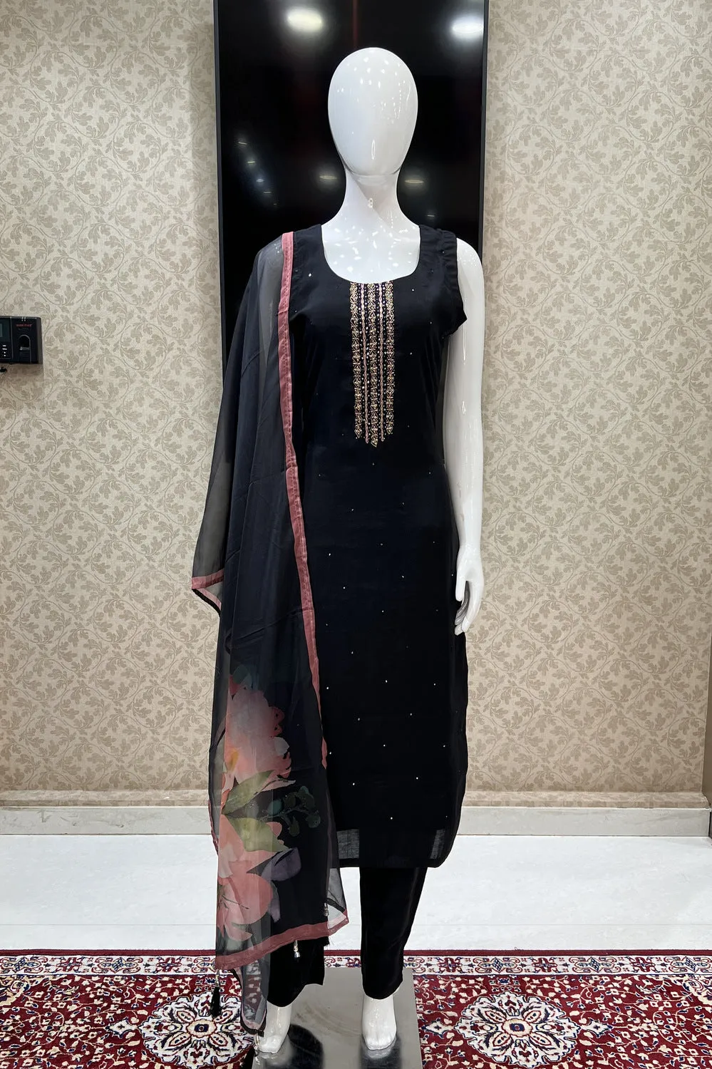 Black Thread, Stone and Sequins work Straight Cut Salwar Suit