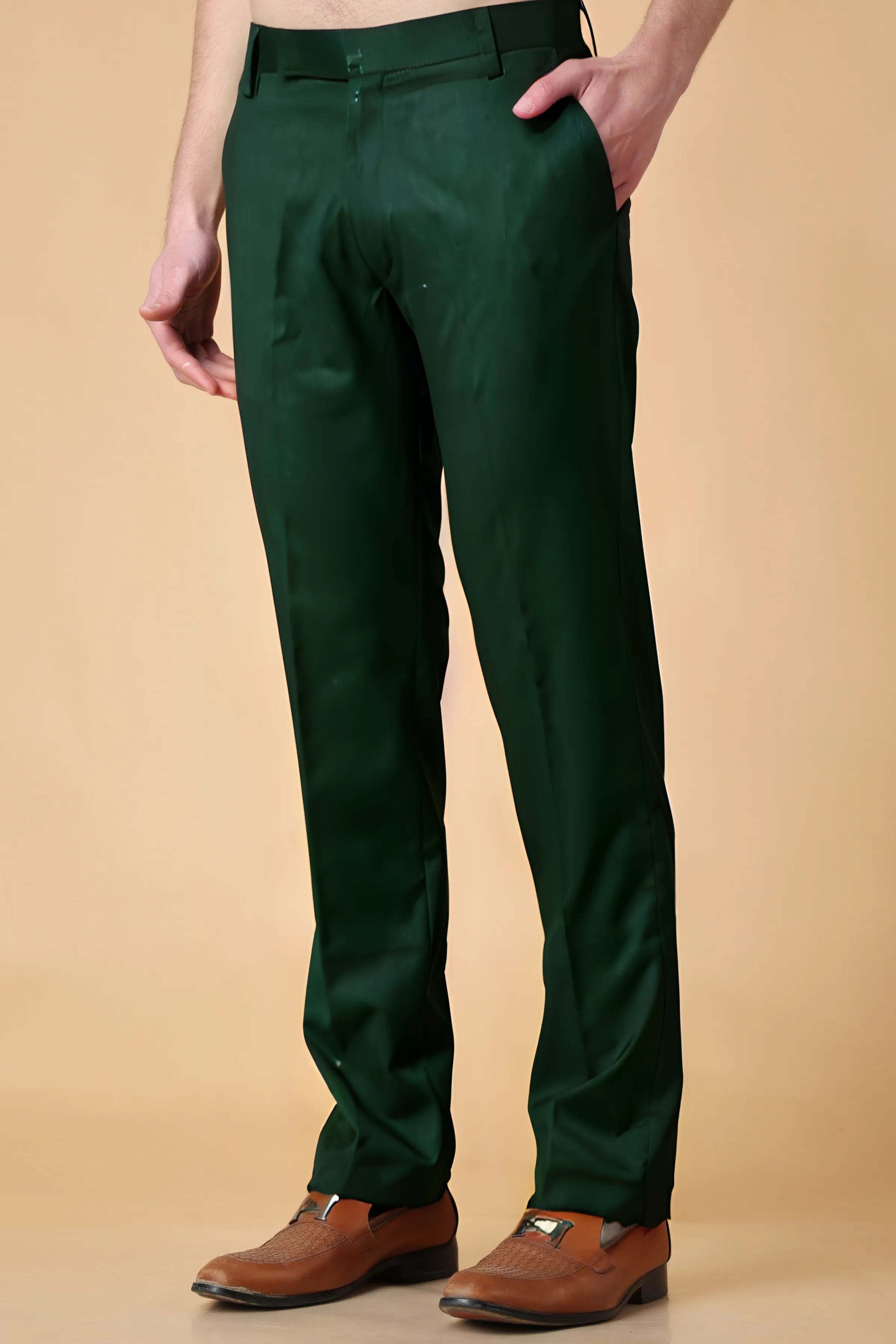 Bottle Green Solid Stretch Trousers