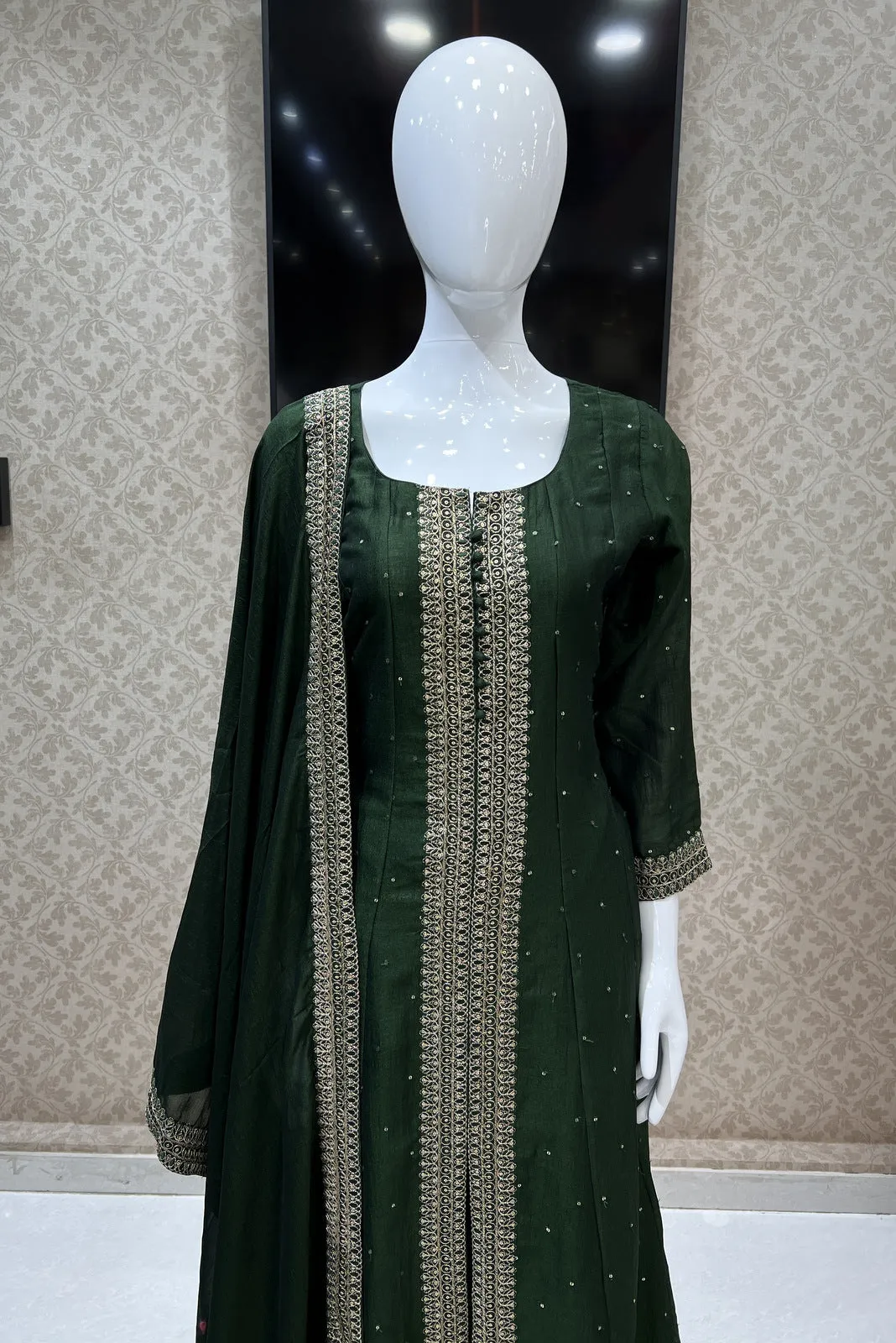 Bottle Green Zari, Thread and Sequins work Anarkali Style Salwar Suit