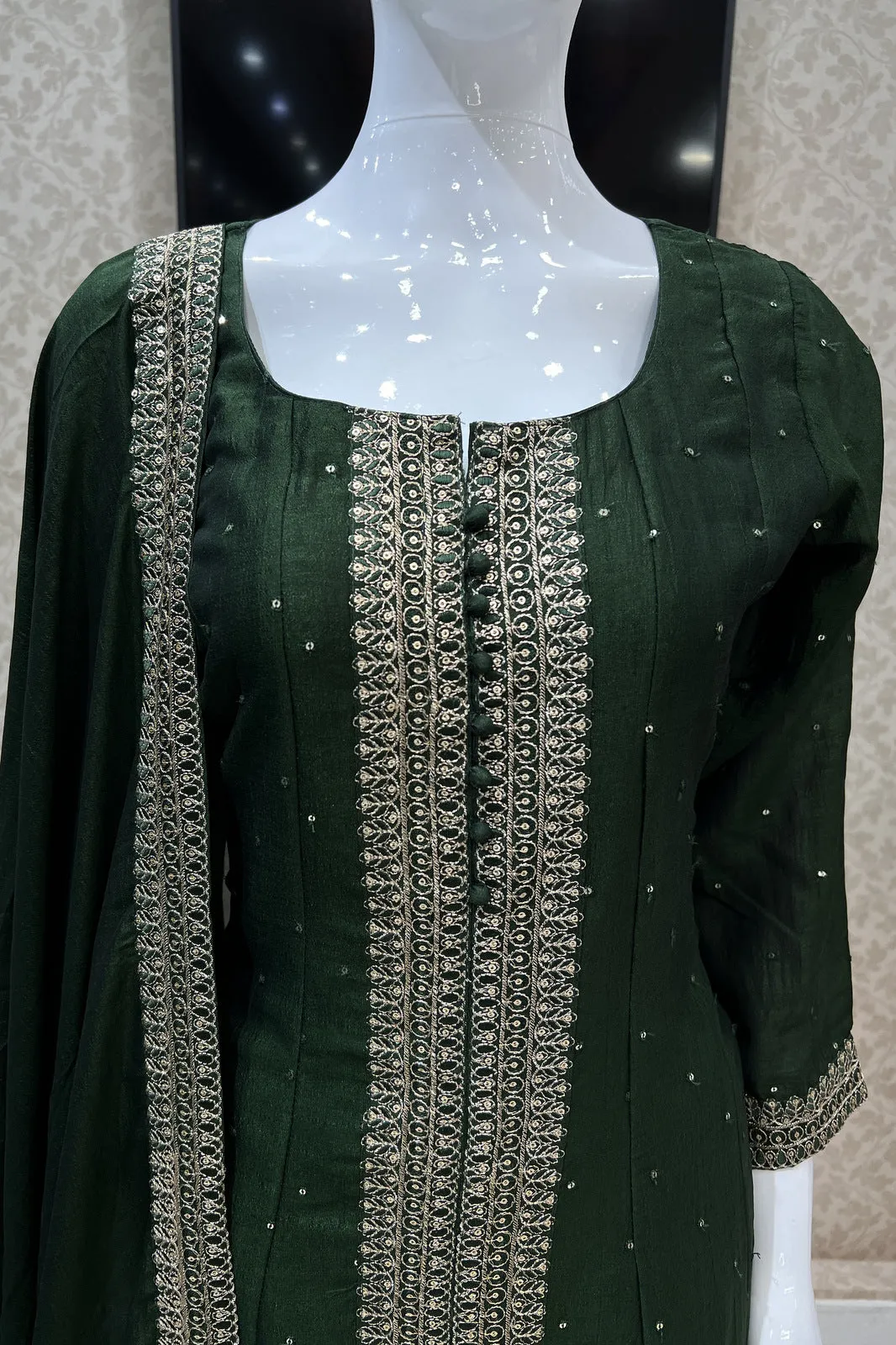 Bottle Green Zari, Thread and Sequins work Anarkali Style Salwar Suit