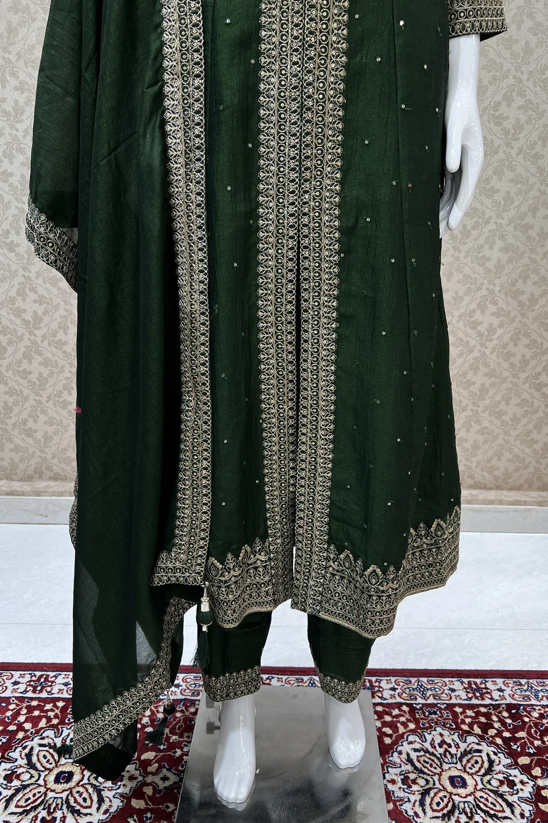 Bottle Green Zari, Thread and Sequins work Anarkali Style Salwar Suit