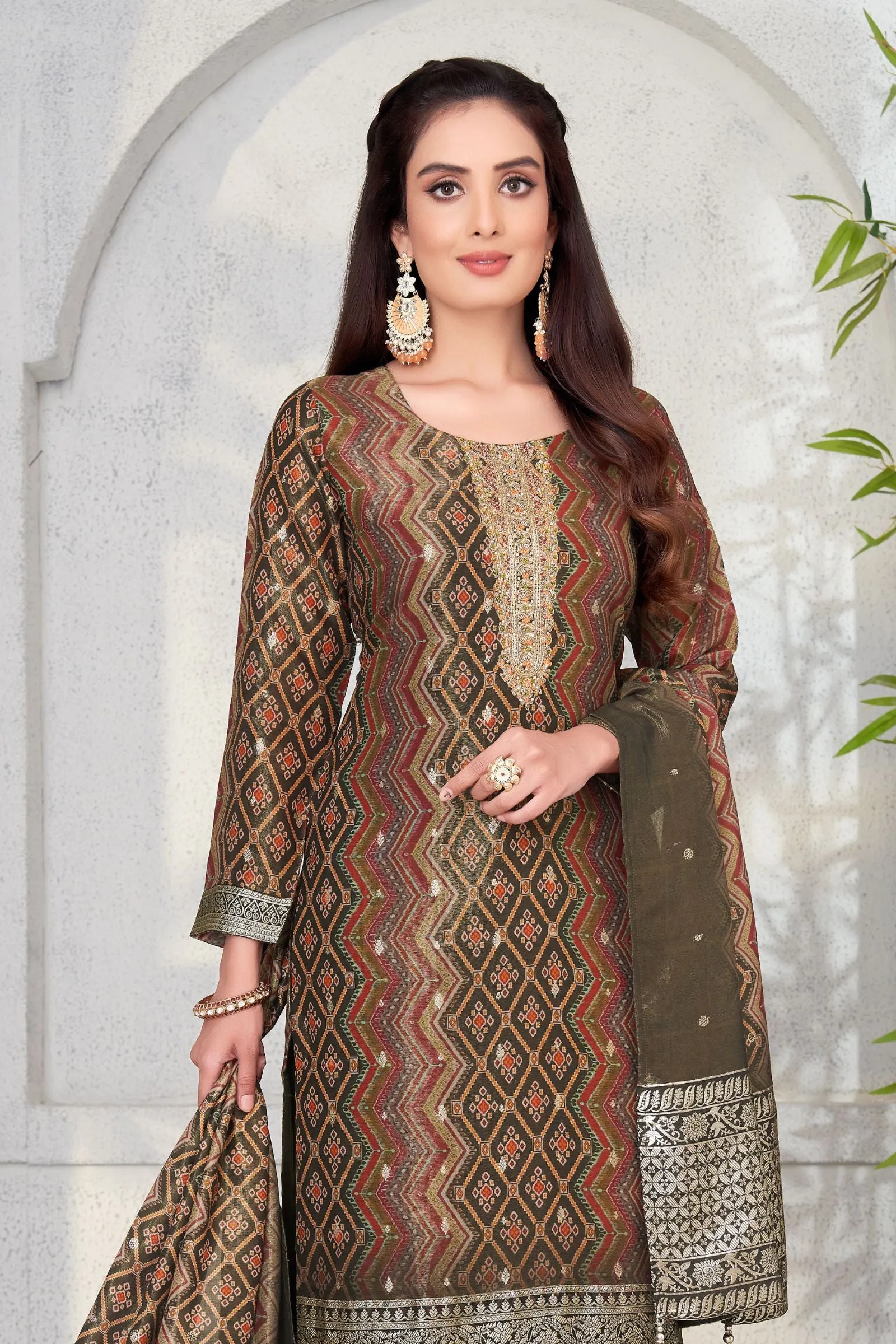 Brown with Multicolor Digital Print, Banaras and Sequins work Straight Cut Salwar Suit