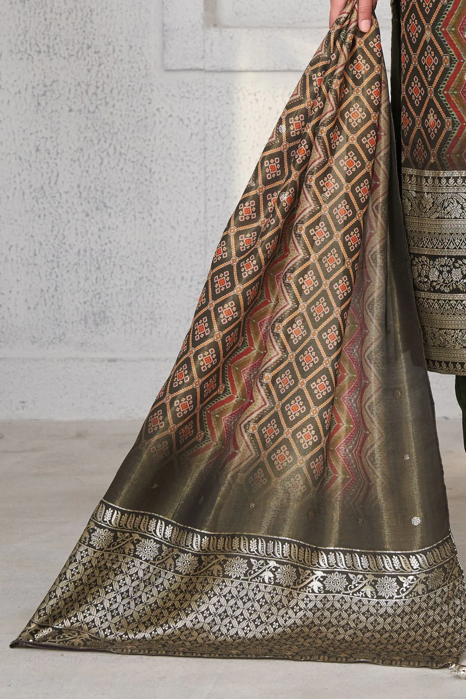 Brown with Multicolor Digital Print, Banaras and Sequins work Straight Cut Salwar Suit