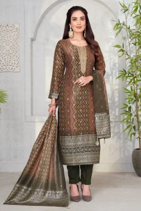 Brown with Multicolor Digital Print, Banaras and Sequins work Straight Cut Salwar Suit