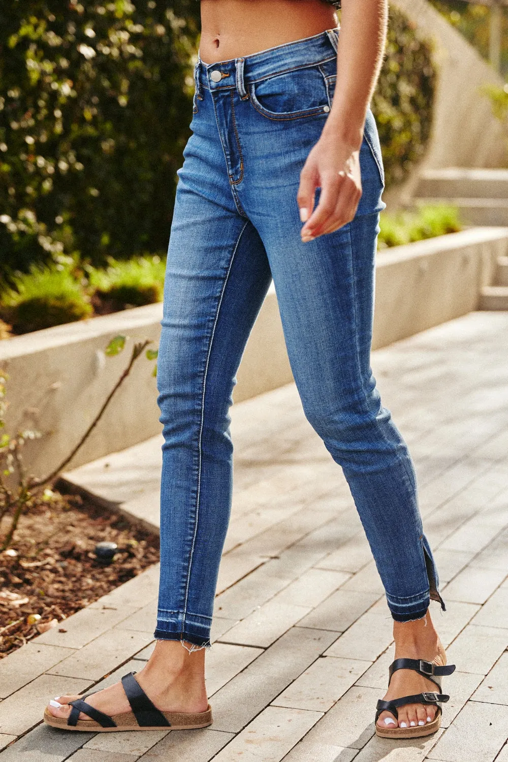 Cameron High Rise Skinny Jeans with Released Hem and SIde Slit