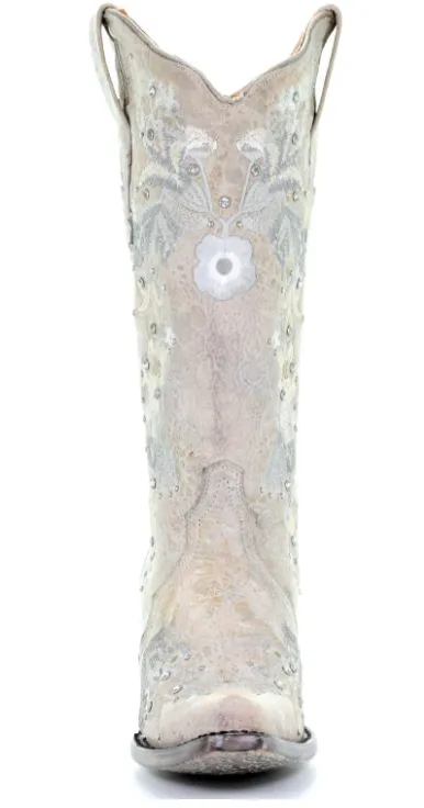 Corral Women's White Floral Embroidery & Crystals Boots