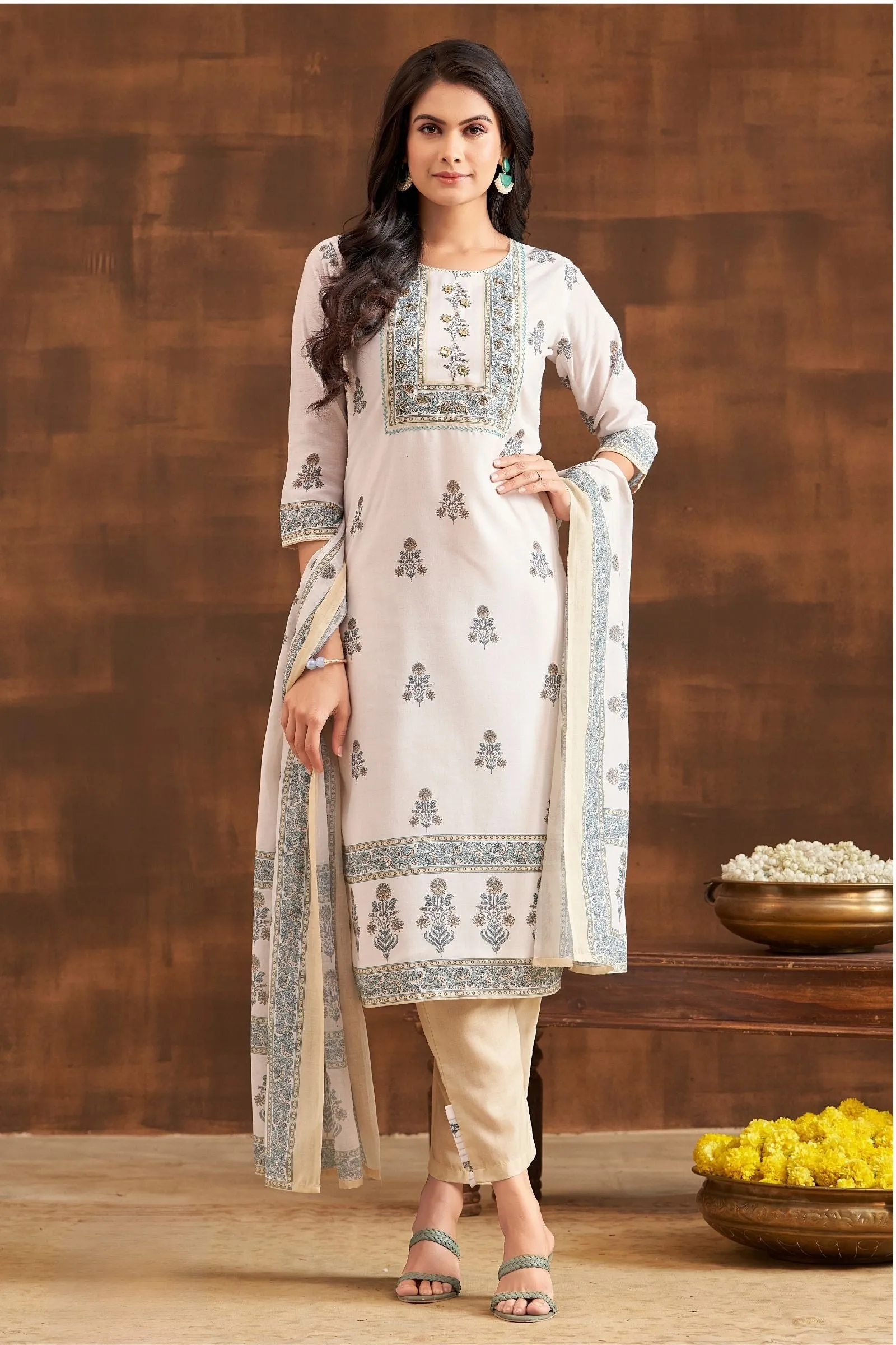 Cream Beads and Thread work with Digital Print Straight Cut Salwar Suit