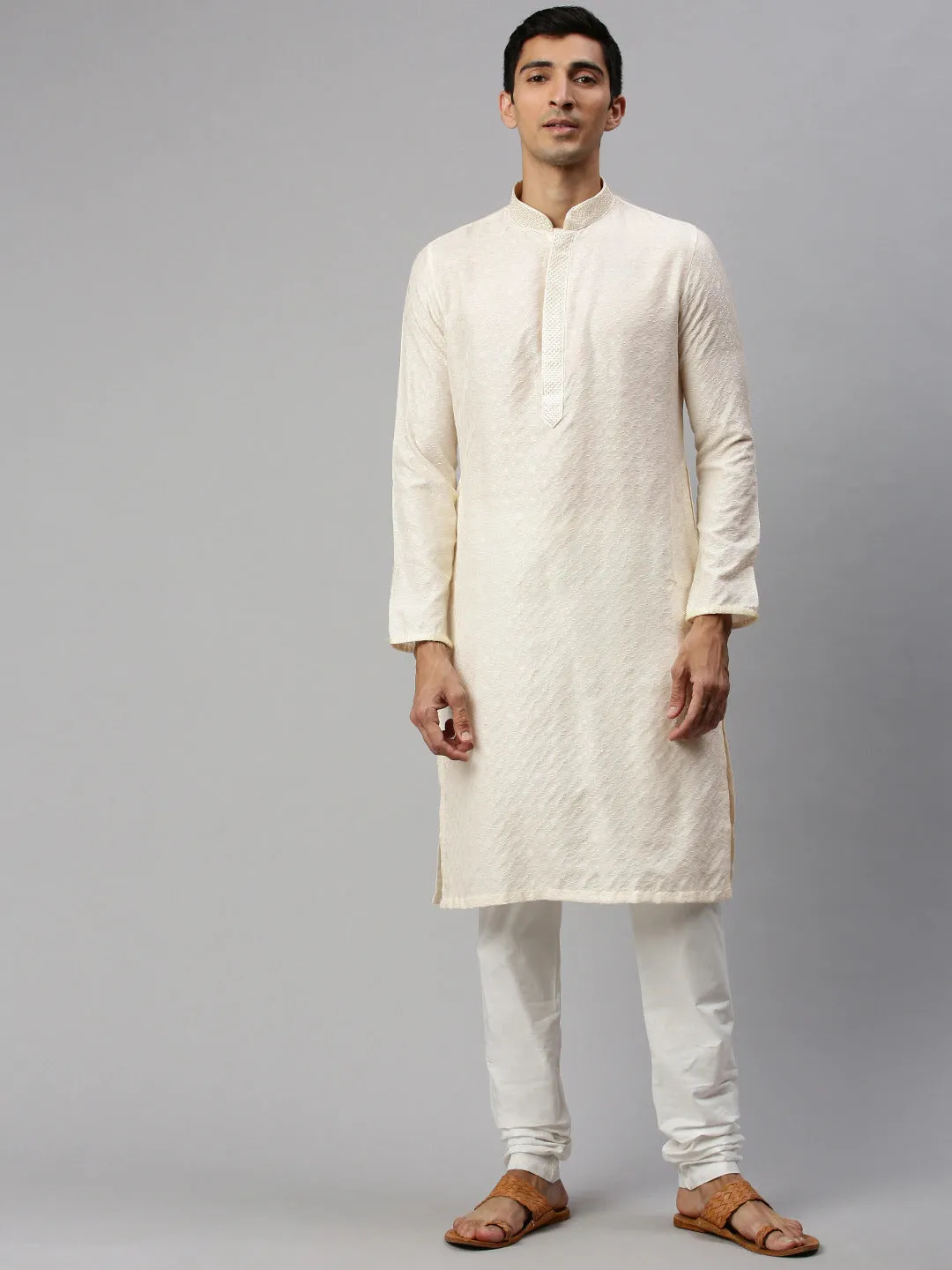 Cream Textured Kurta Set