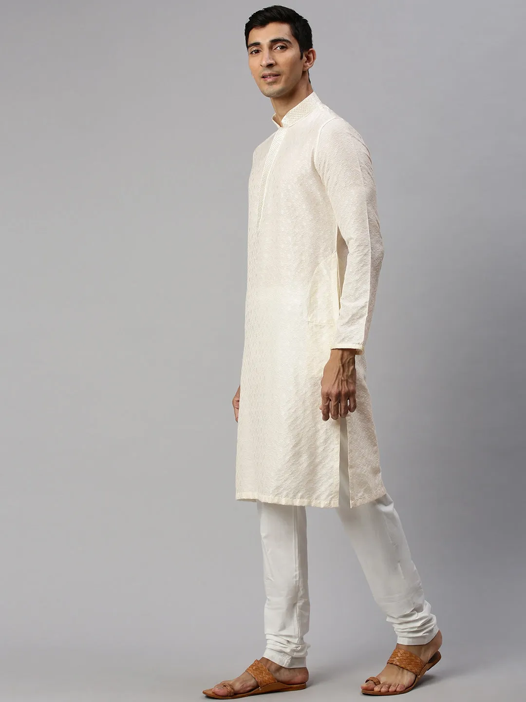 Cream Textured Kurta Set