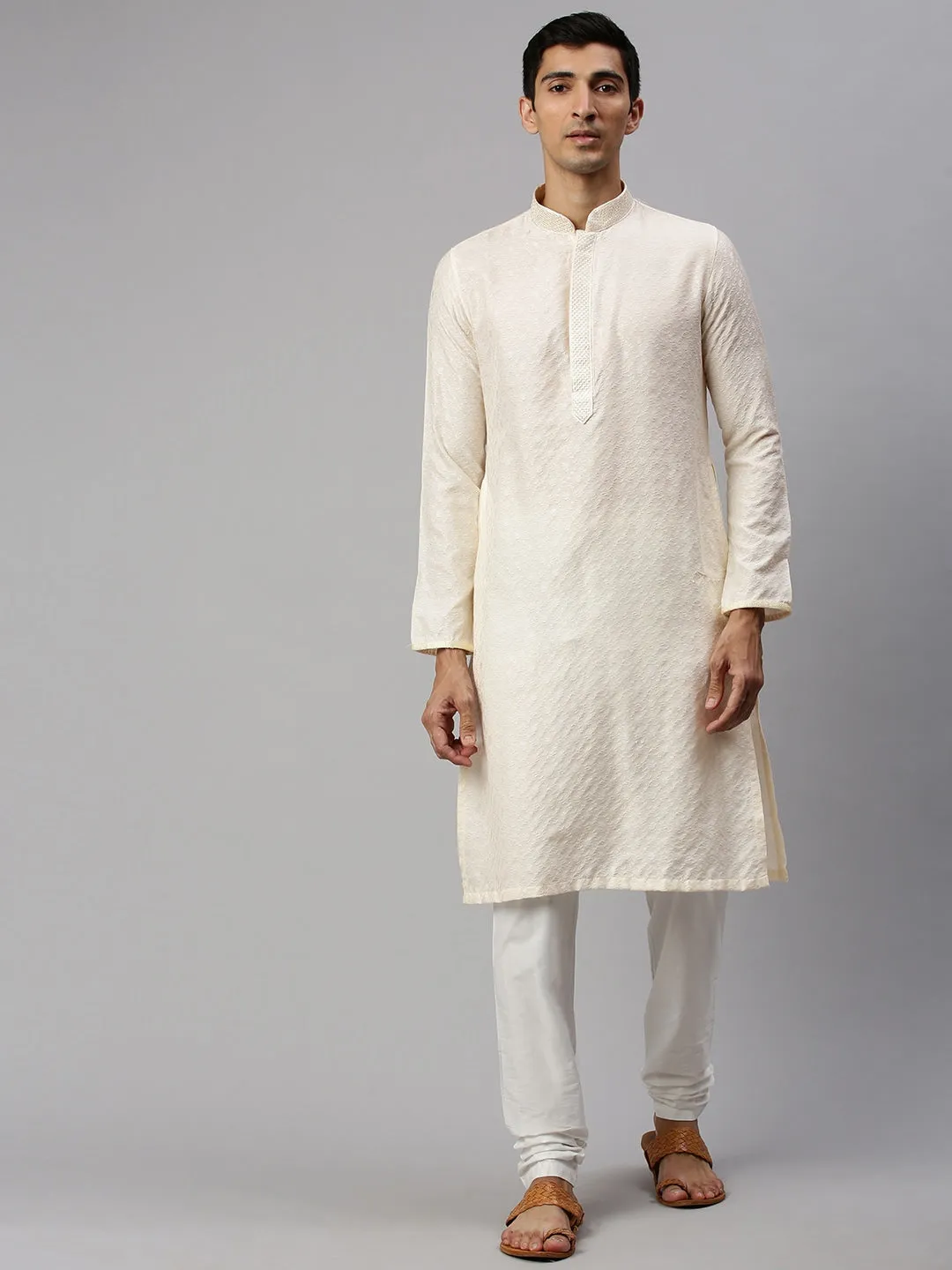 Cream Textured Kurta Set