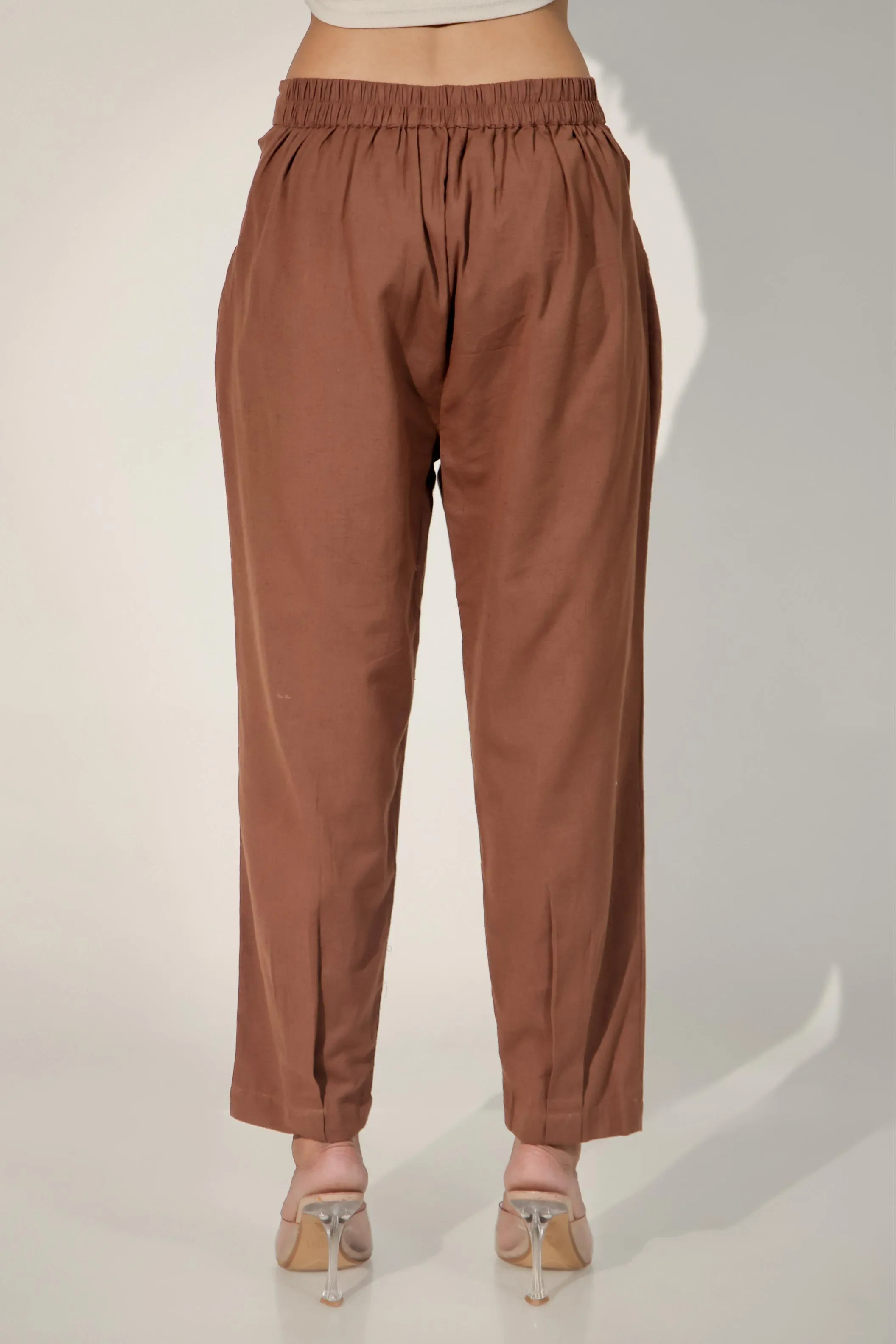 Dark Brown Women's Pleated-Narrow Trousers