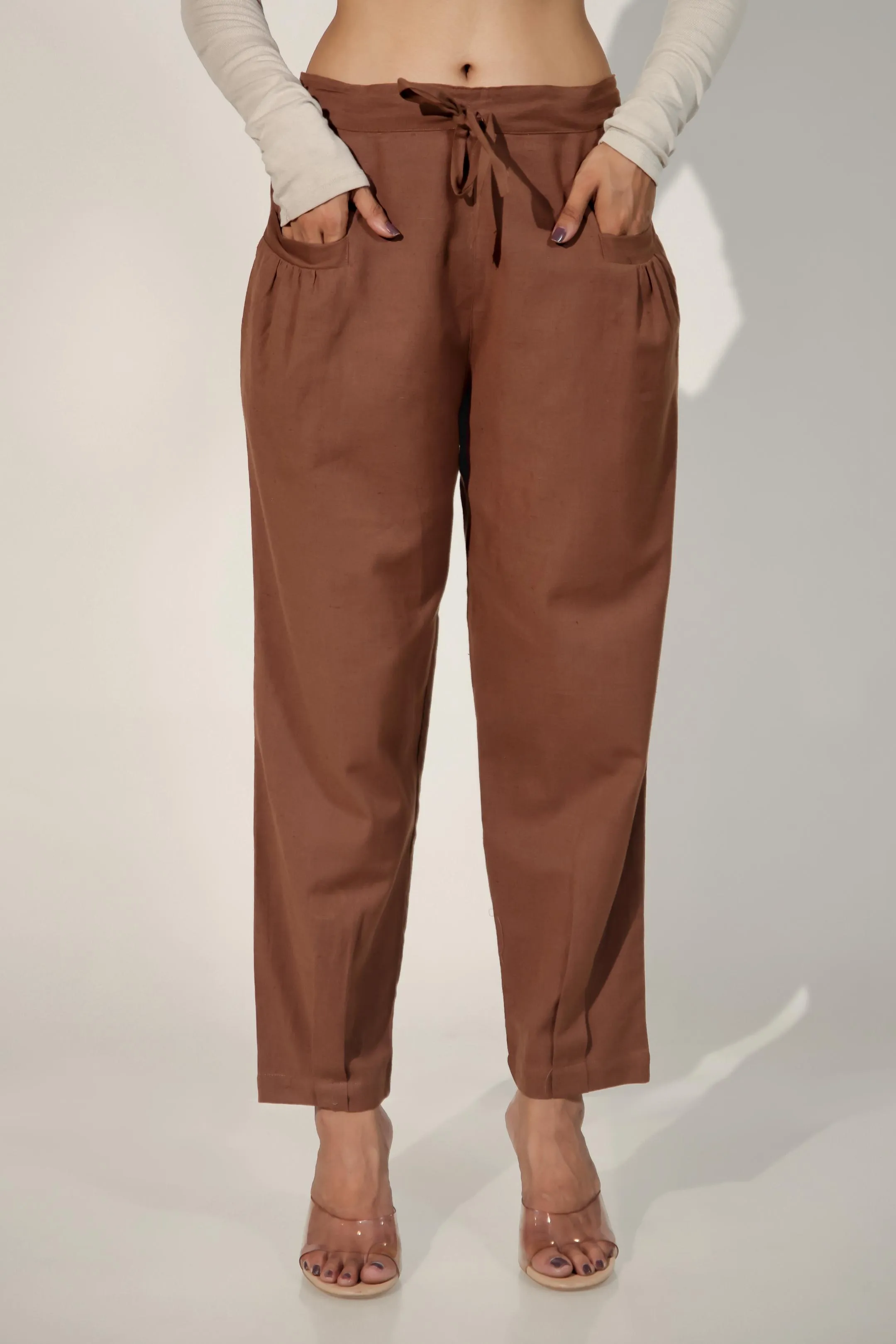 Dark Brown Women's Pleated-Narrow Trousers