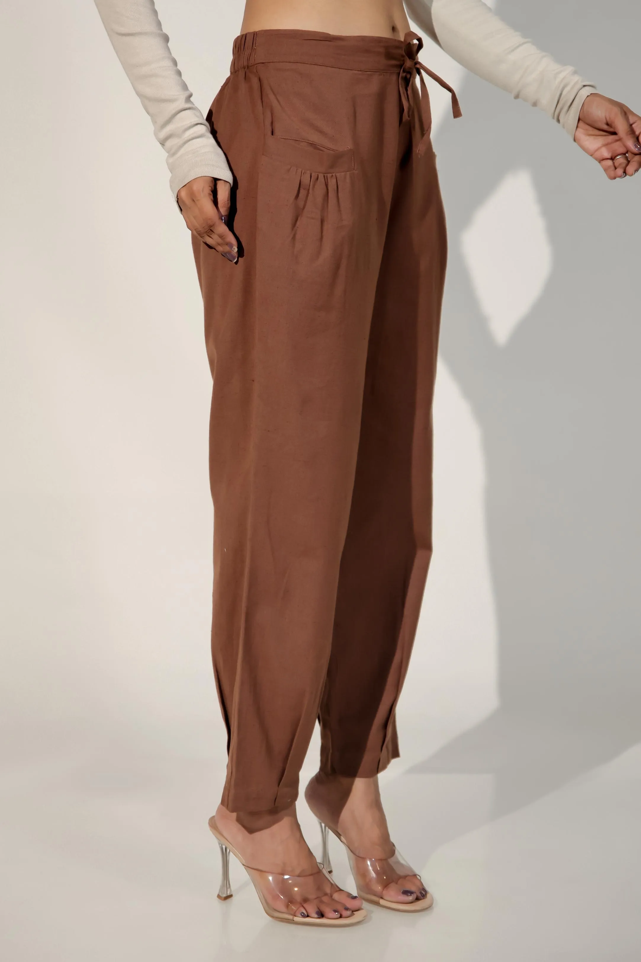 Dark Brown Women's Pleated-Narrow Trousers