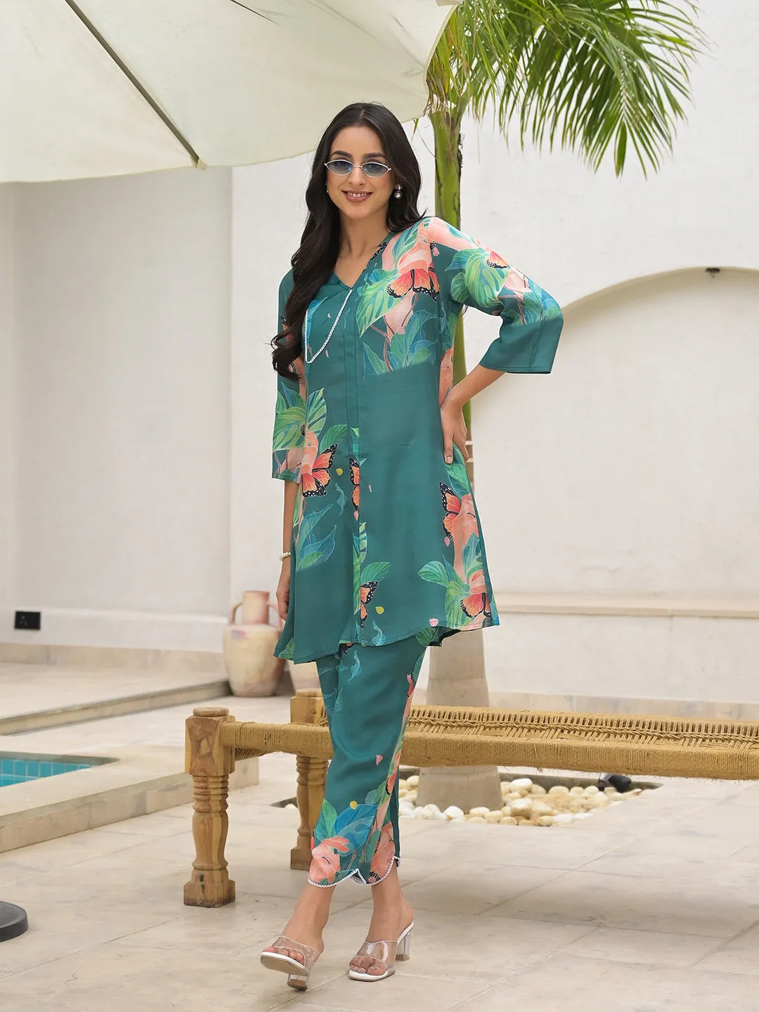 Divena Dark Green Digital Printed Muslin Co-ord set