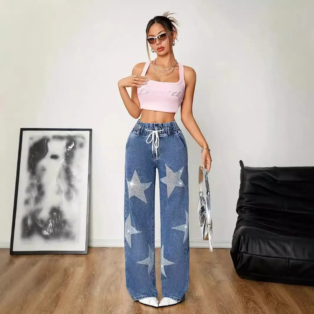 Five Pointed Star Embroidered Jeans Retro High Street Brand Loose Straight Wide Leg Pants Summer Thin