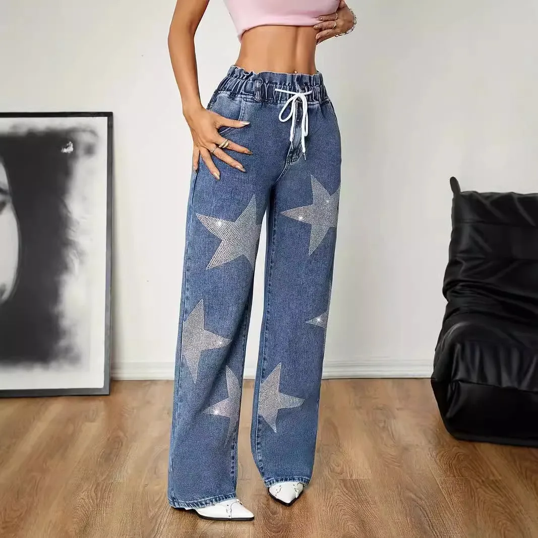 Five Pointed Star Embroidered Jeans Retro High Street Brand Loose Straight Wide Leg Pants Summer Thin