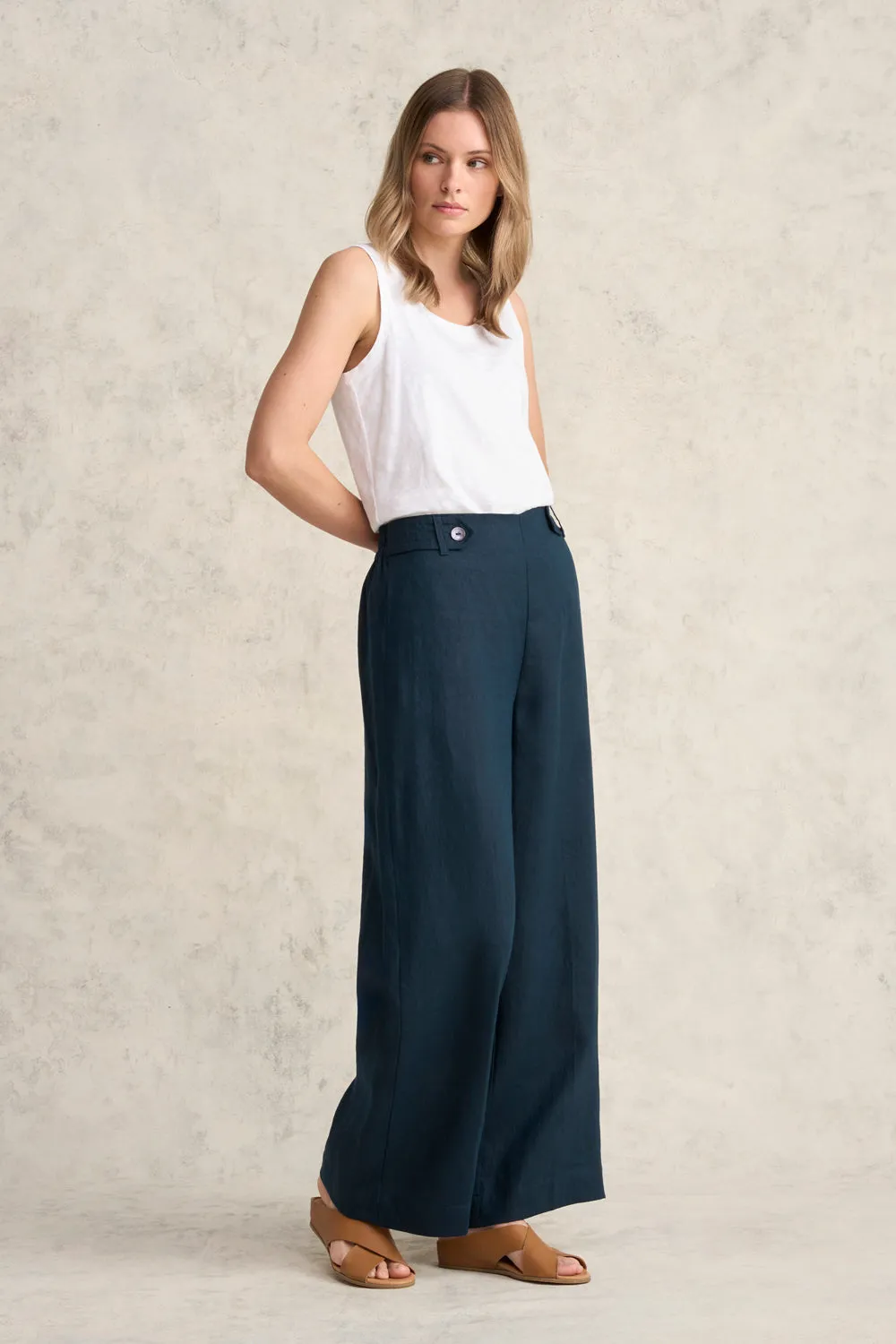 Full Length Waist Tab Linen Pant - Ink