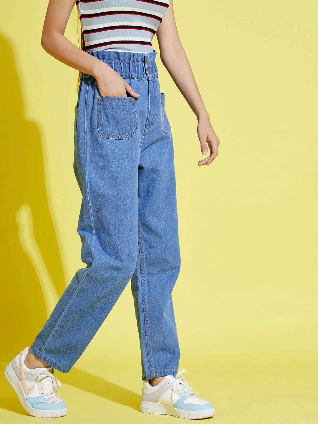 Girls Blue Paper Bag Waist Carrot Jeans