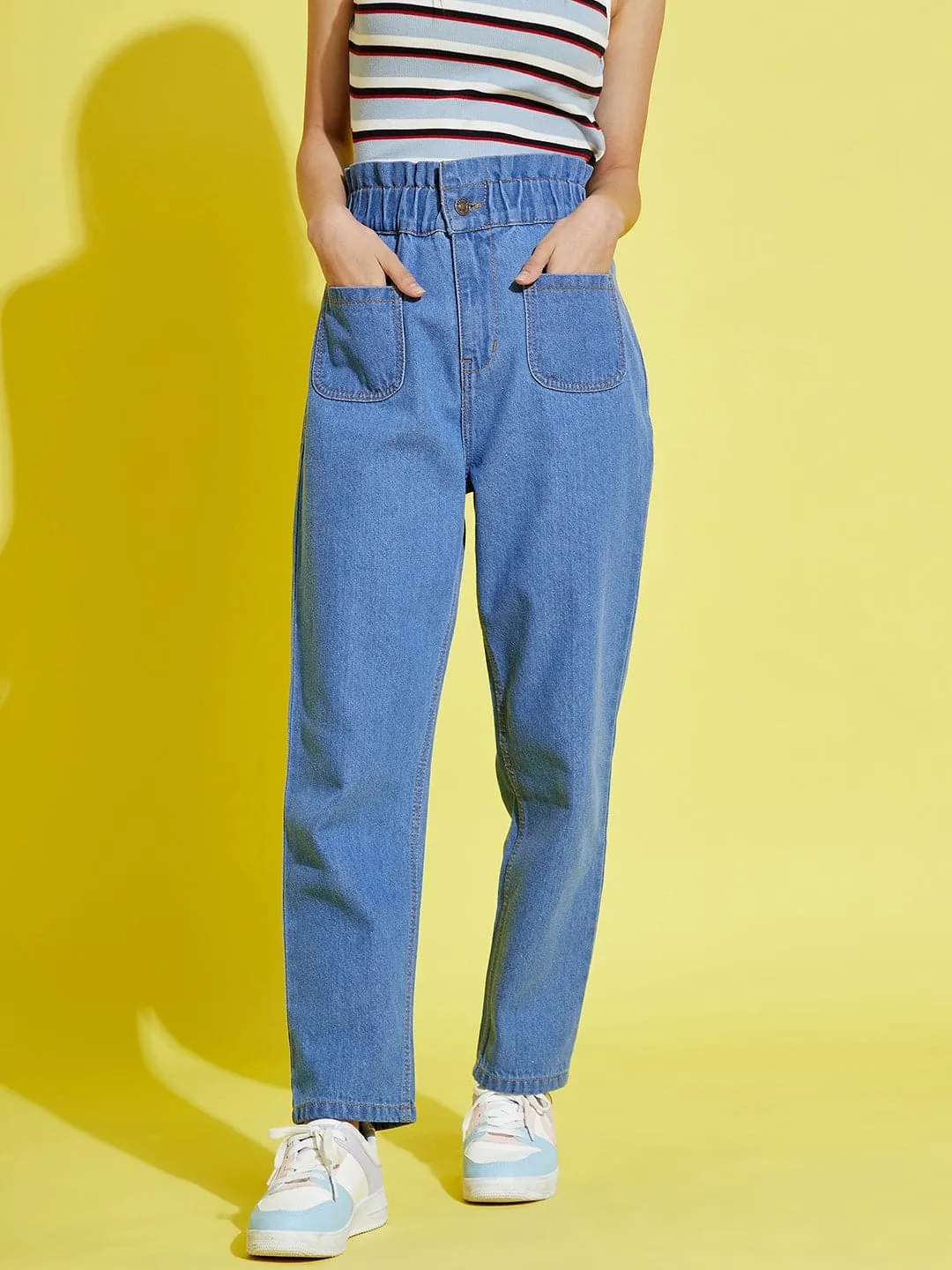 Girls Blue Paper Bag Waist Carrot Jeans