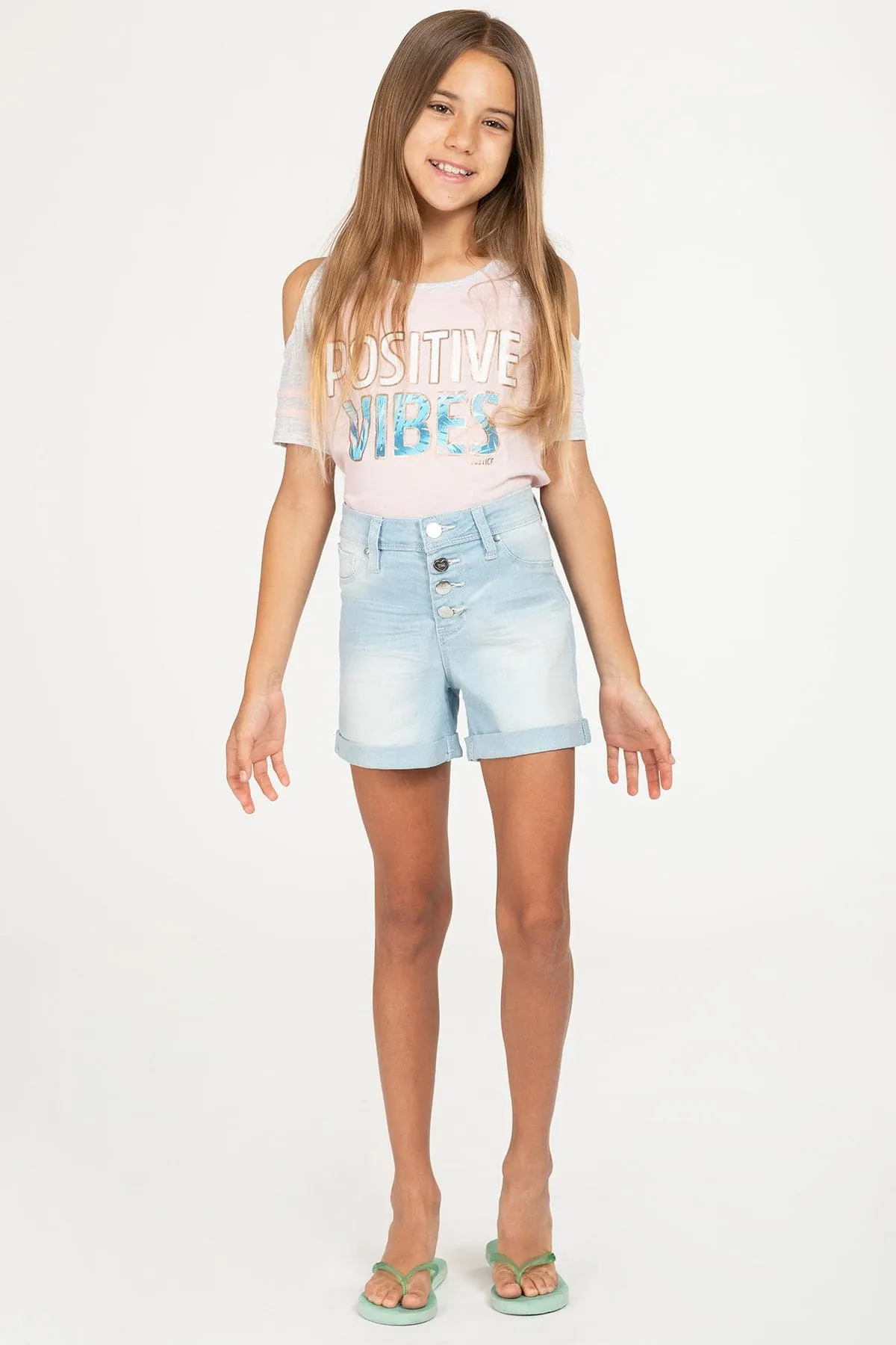 Girls Love Button-Fly  Cuffed Denim Shorts