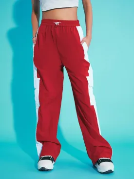 Girls Red Contrast Pocket Cargo Parachute Pants