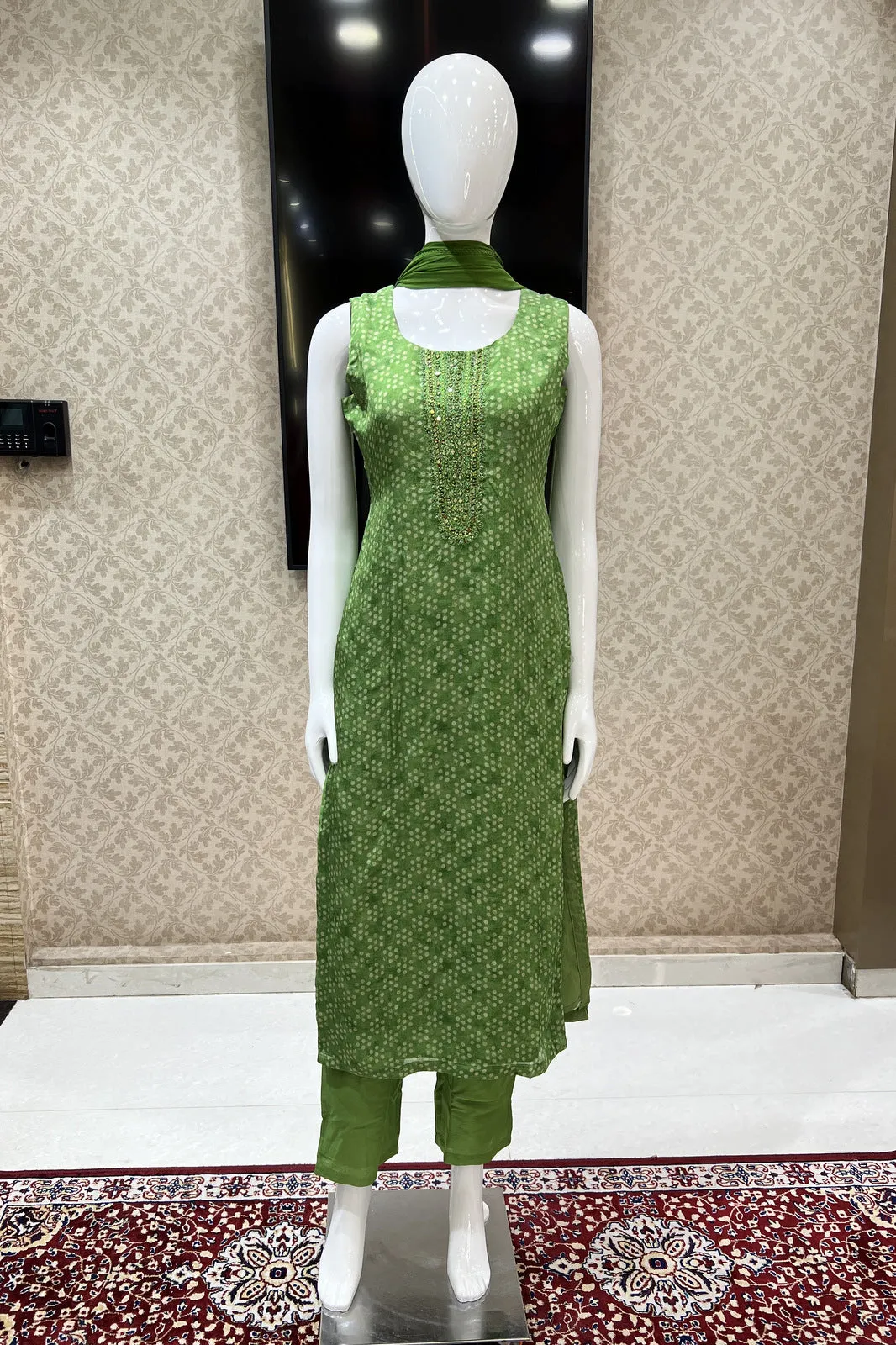 Green Mirror, Thread and Stone work with Digital Print Straight Cut Salwar Suit