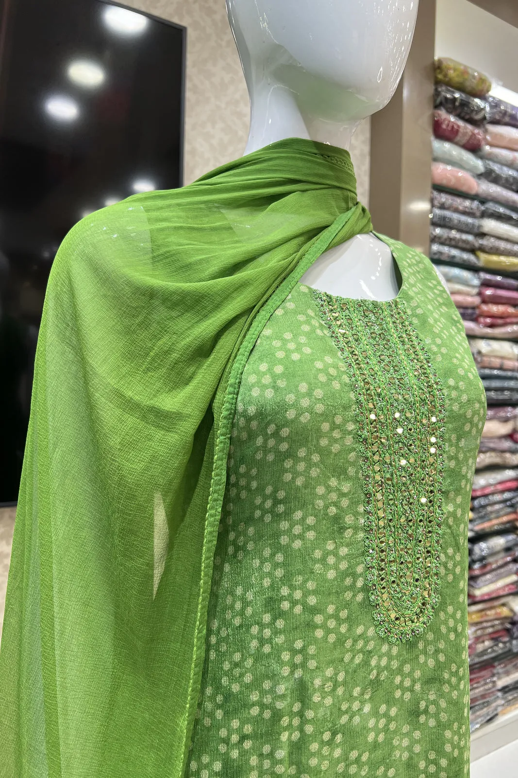 Green Mirror, Thread and Stone work with Digital Print Straight Cut Salwar Suit