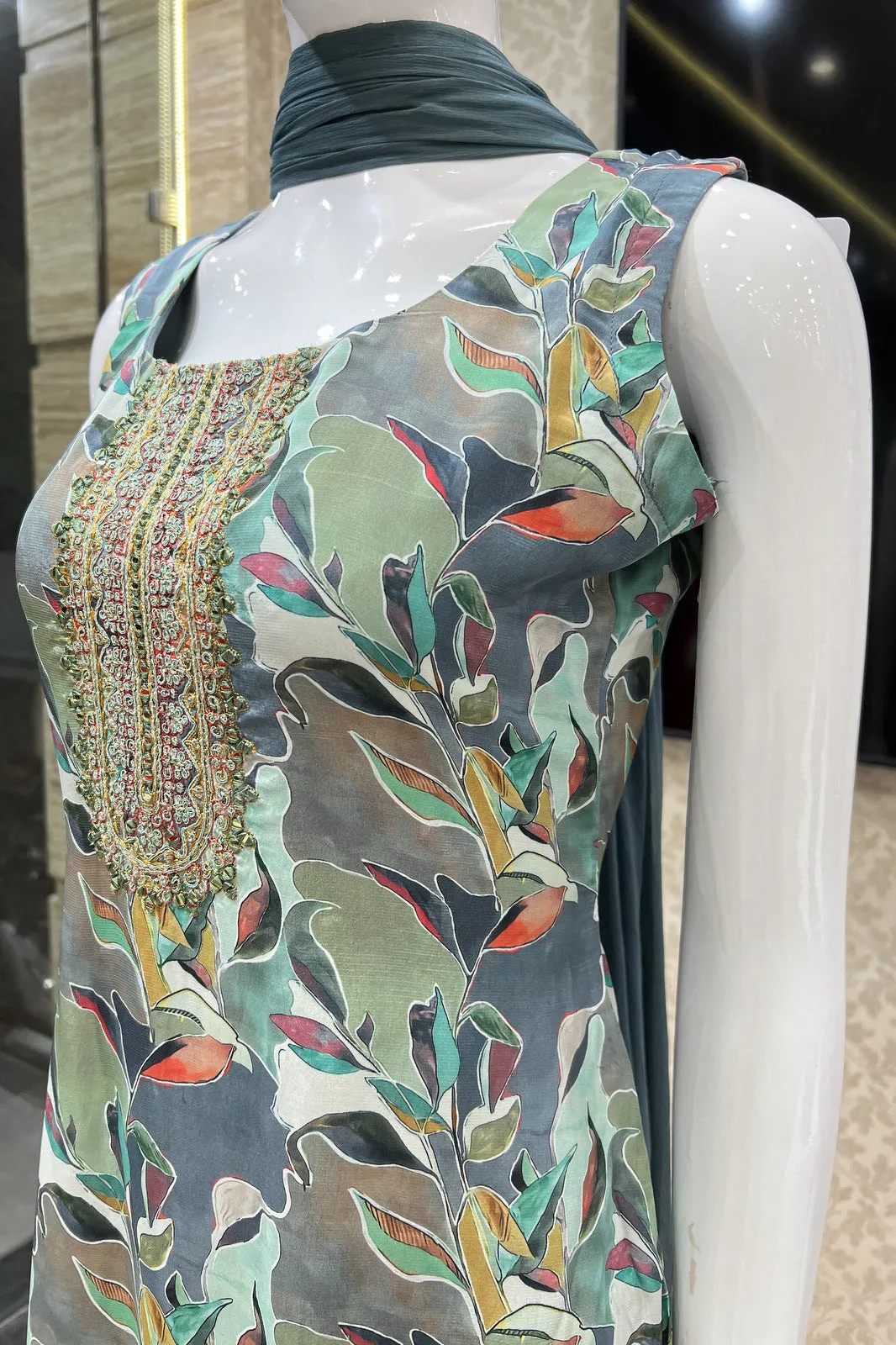 Grey Mirror, Thread and Stone work with Multicolor Digital Print Straight Cut Salwar Suit