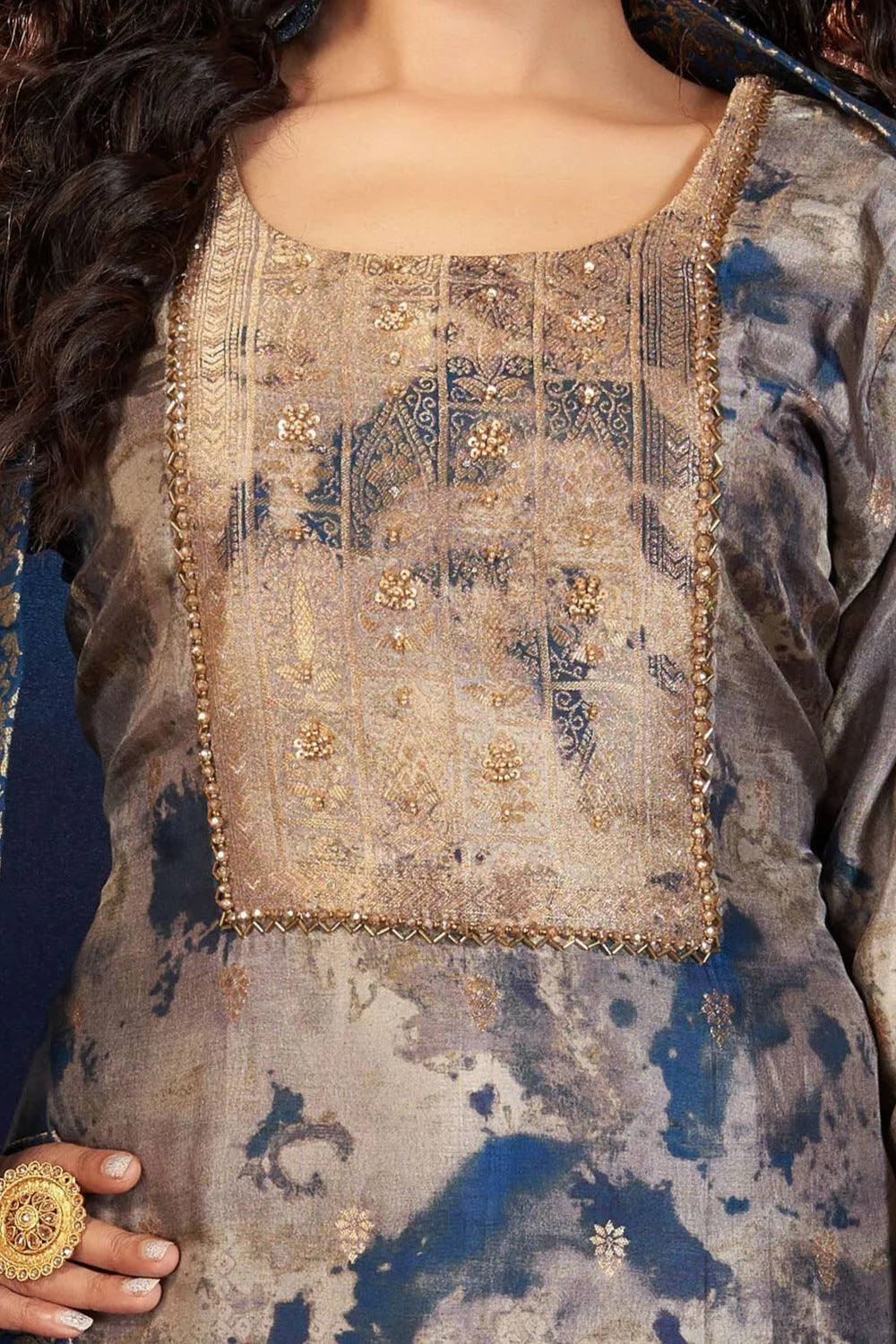 Grey with Blue Tie and Dye Print, Beads and Banaras work Straight Cut Salwar Suit