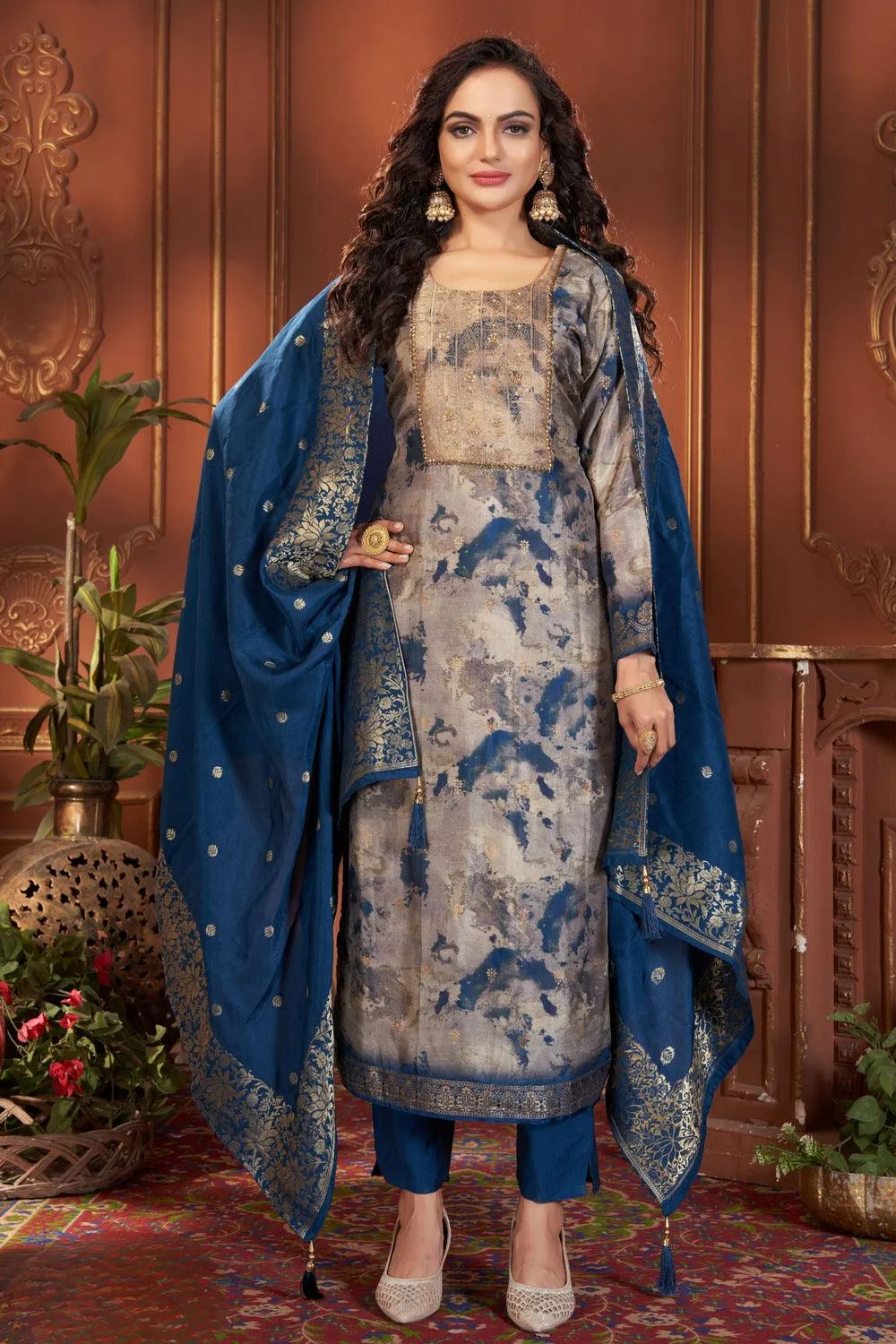 Grey with Blue Tie and Dye Print, Beads and Banaras work Straight Cut Salwar Suit