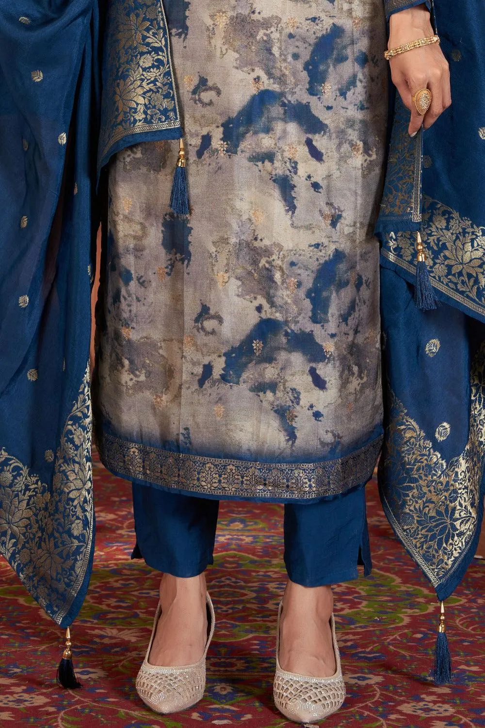 Grey with Blue Tie and Dye Print, Beads and Banaras work Straight Cut Salwar Suit