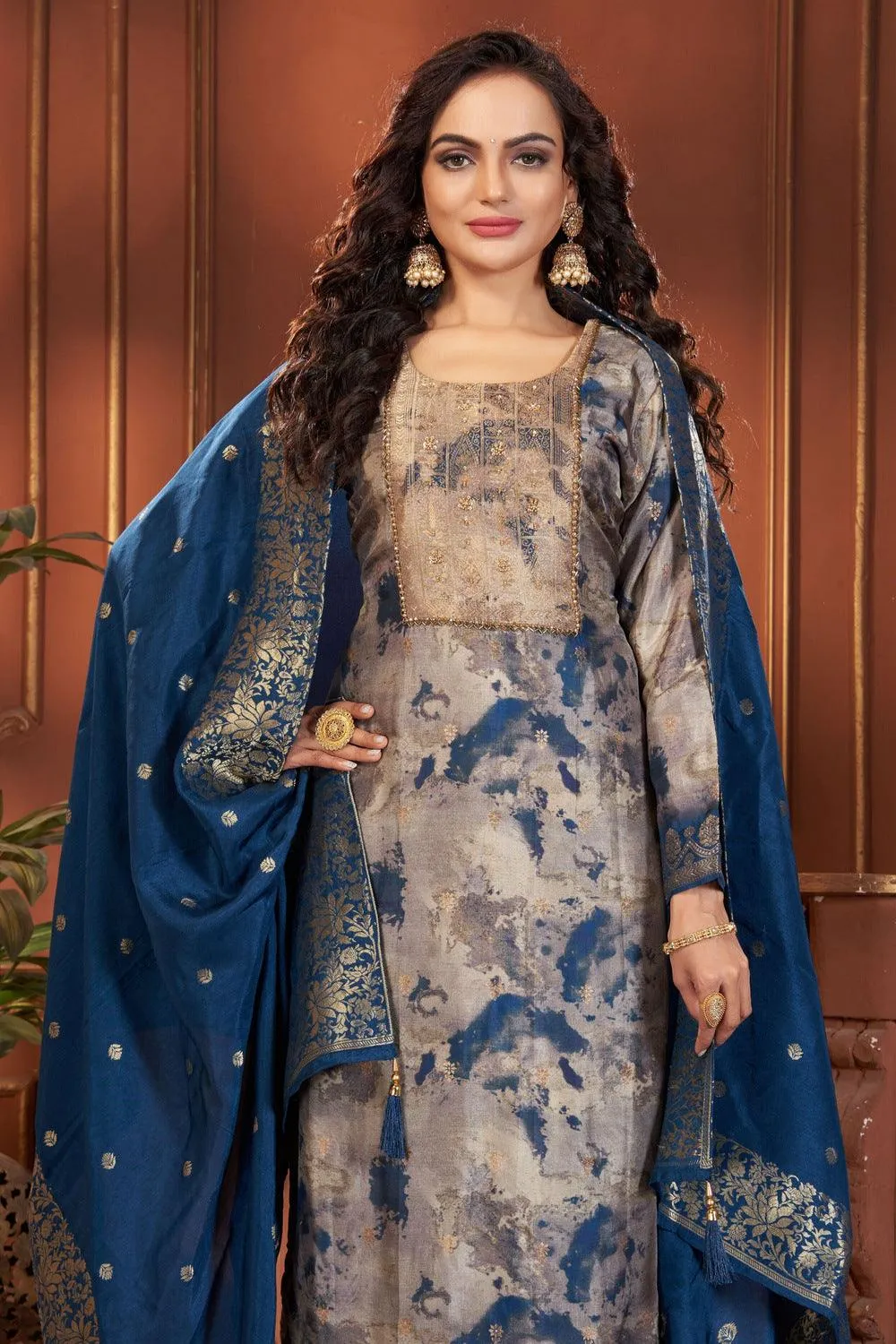 Grey with Blue Tie and Dye Print, Beads and Banaras work Straight Cut Salwar Suit