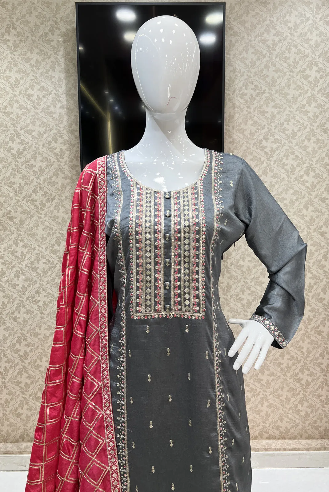 Grey Zari, Thread and Sequins work Straight Cut Salwar Suit