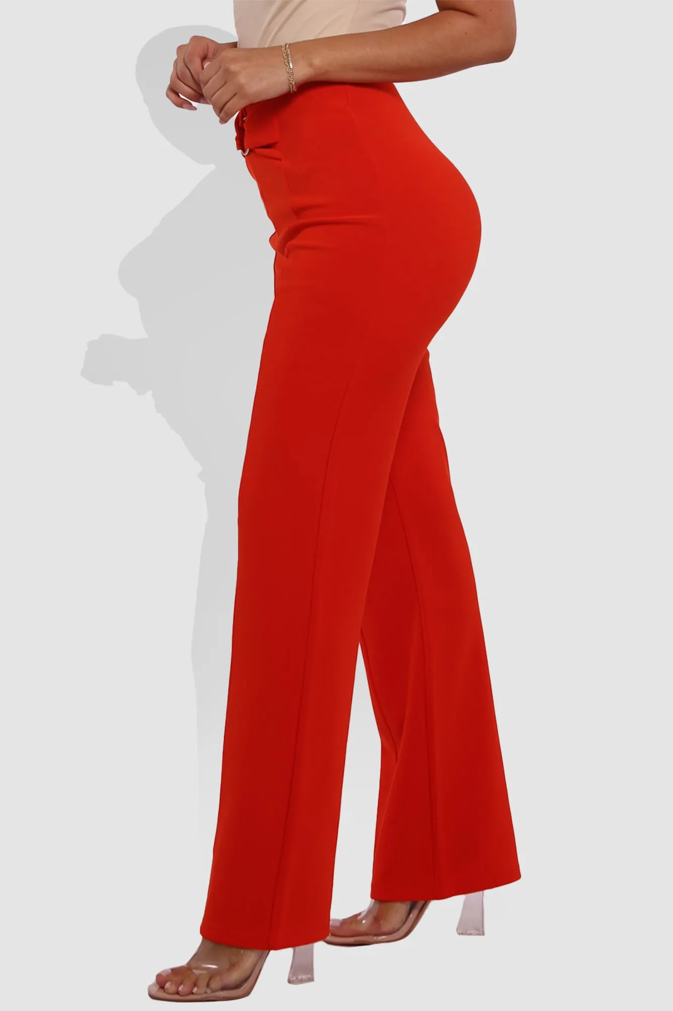 High Waist Straight Leg Pants With O-Ring Buckle Waist Detail - Vermilion