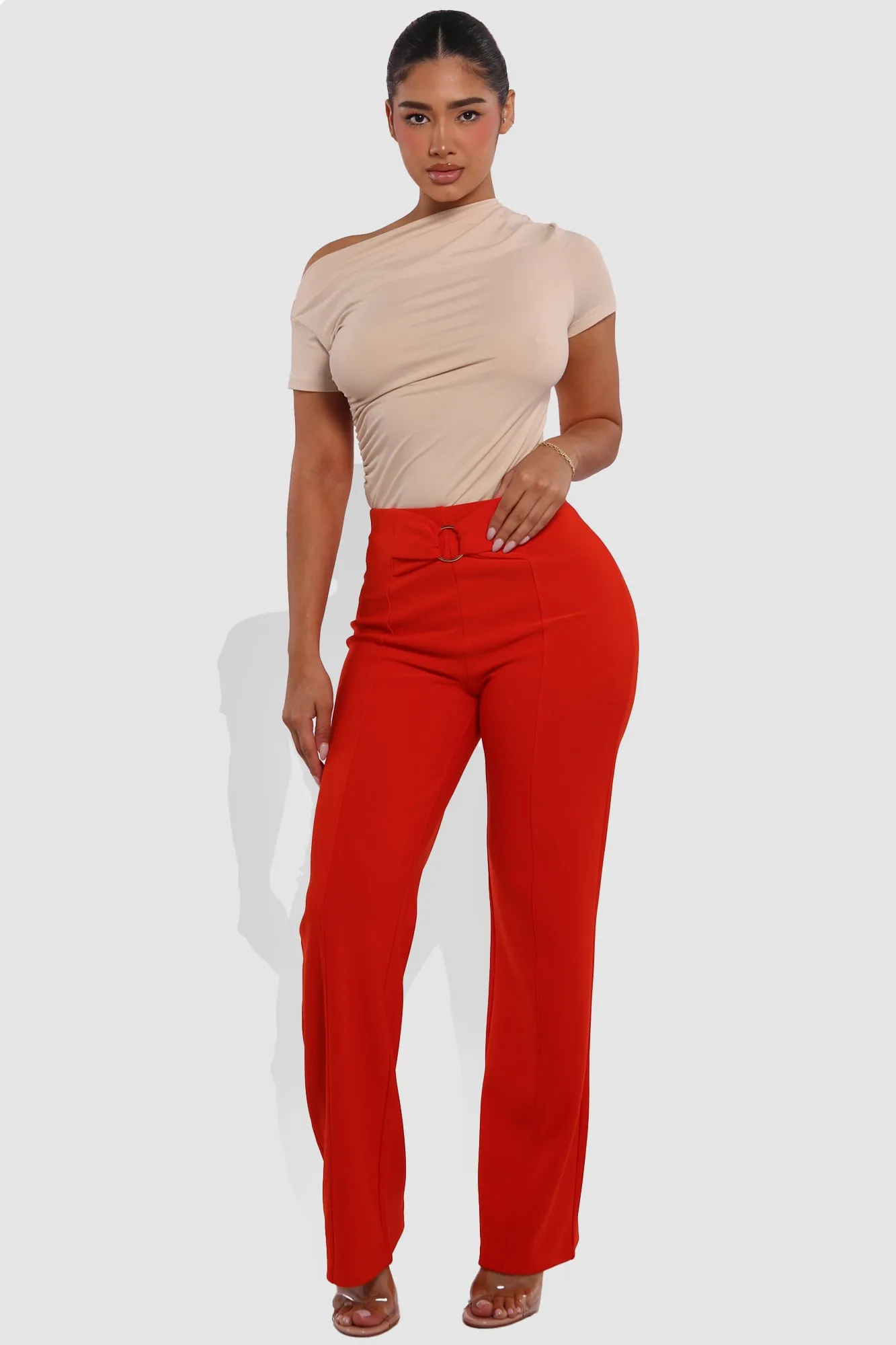 High Waist Straight Leg Pants With O-Ring Buckle Waist Detail - Vermilion